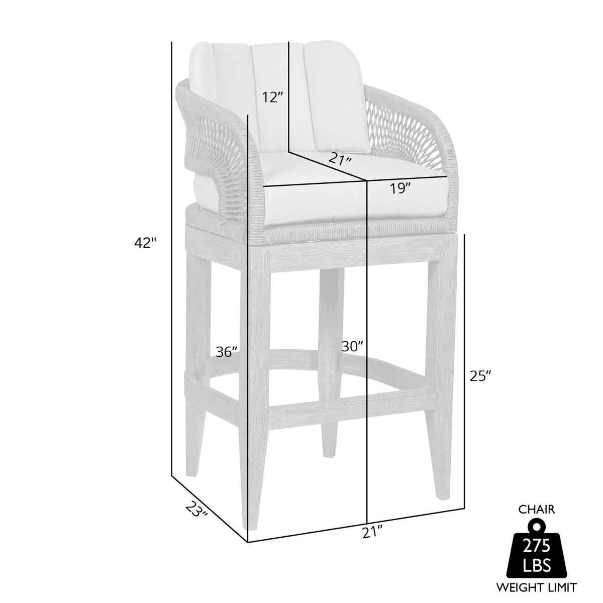 Orbit Outdoor Patio 30" Bar Stool in Weathered Eucalyptus Wood with Gray Rope and Taupe Olefin Cushions By Armen Living - Image 8