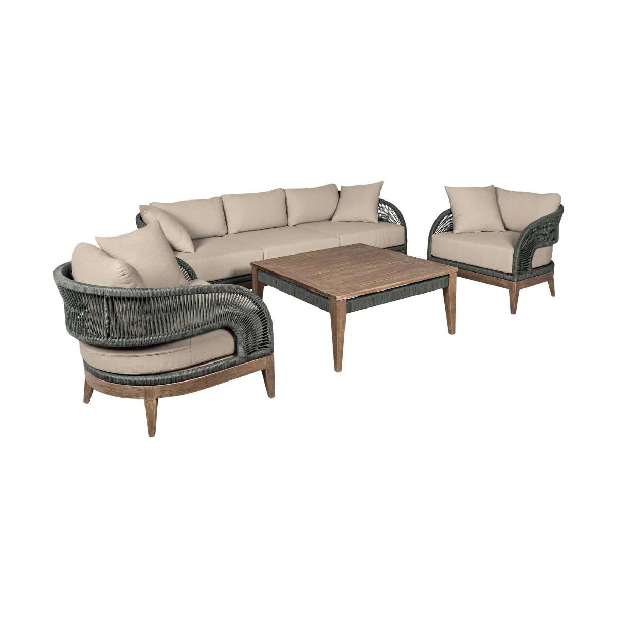 Orbit Outdoor Patio 4 Piece Conversation Set in Weathered Eucalyptus Wood with Gray Rope and Taupe Olefin Cushions By Armen Living - Image 2