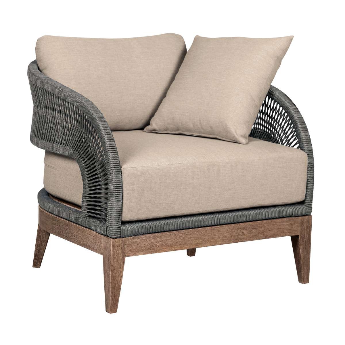 Orbit Outdoor Patio Chair in Weathered Eucalyptus Wood with Gray Rope and Taupe Olefin Cushions By Armen Living - Image 3