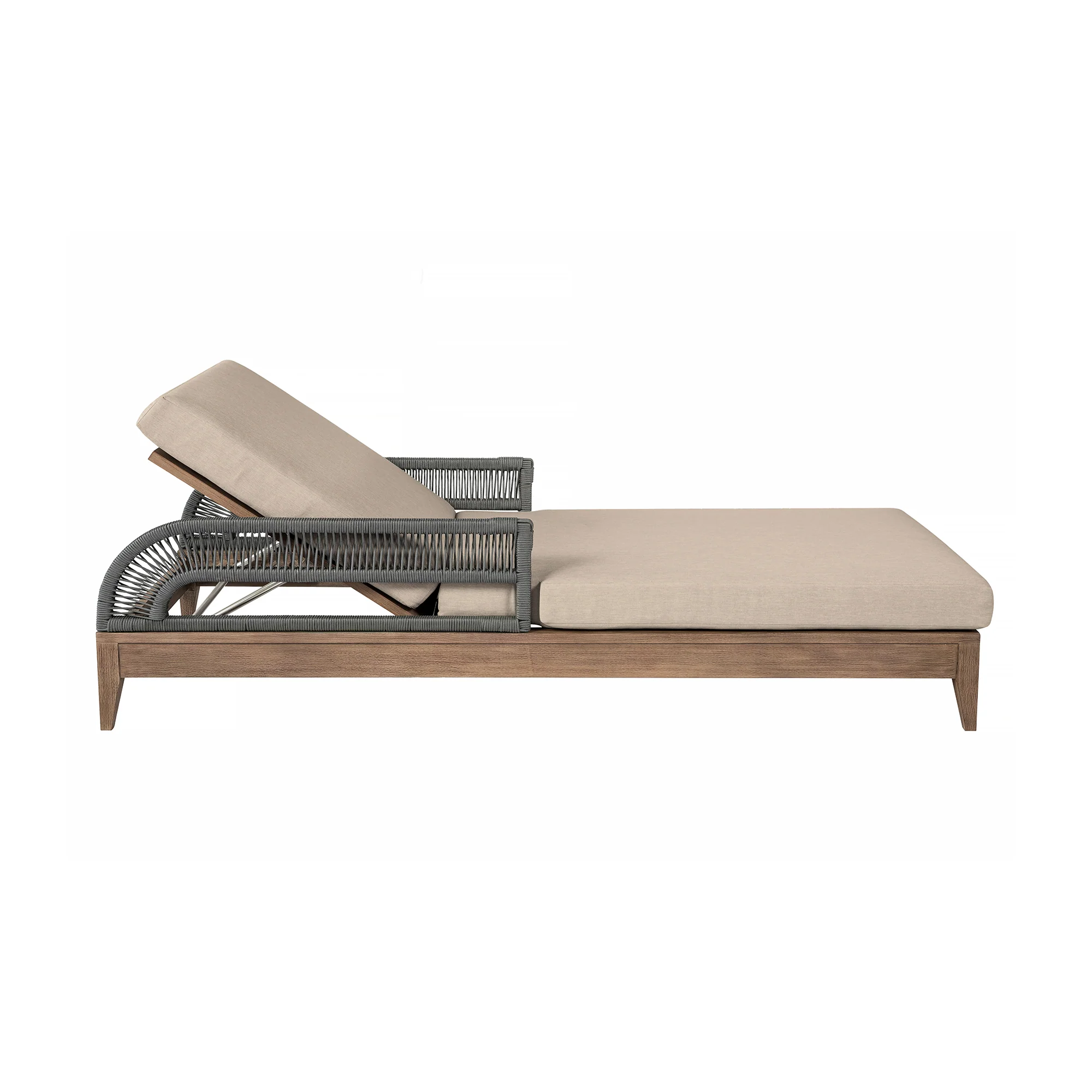 Orbit Outdoor Patio Chaise Lounge Chair in Weathered Eucalyptus Wood with Gray Rope and Taupe Olefin Cushions By Armen Living - Image 4