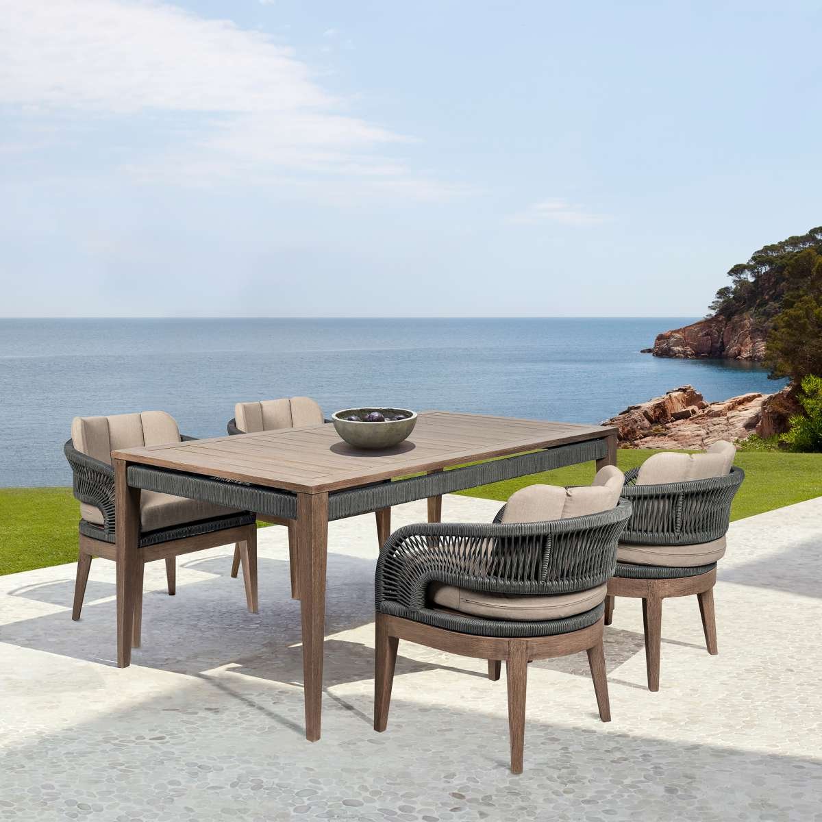 Orbit Outdoor Patio Dining Chair in Weathered Eucalyptus Wood with Gray Rope and Taupe Olefin Cushions By Armen Living - Image 2