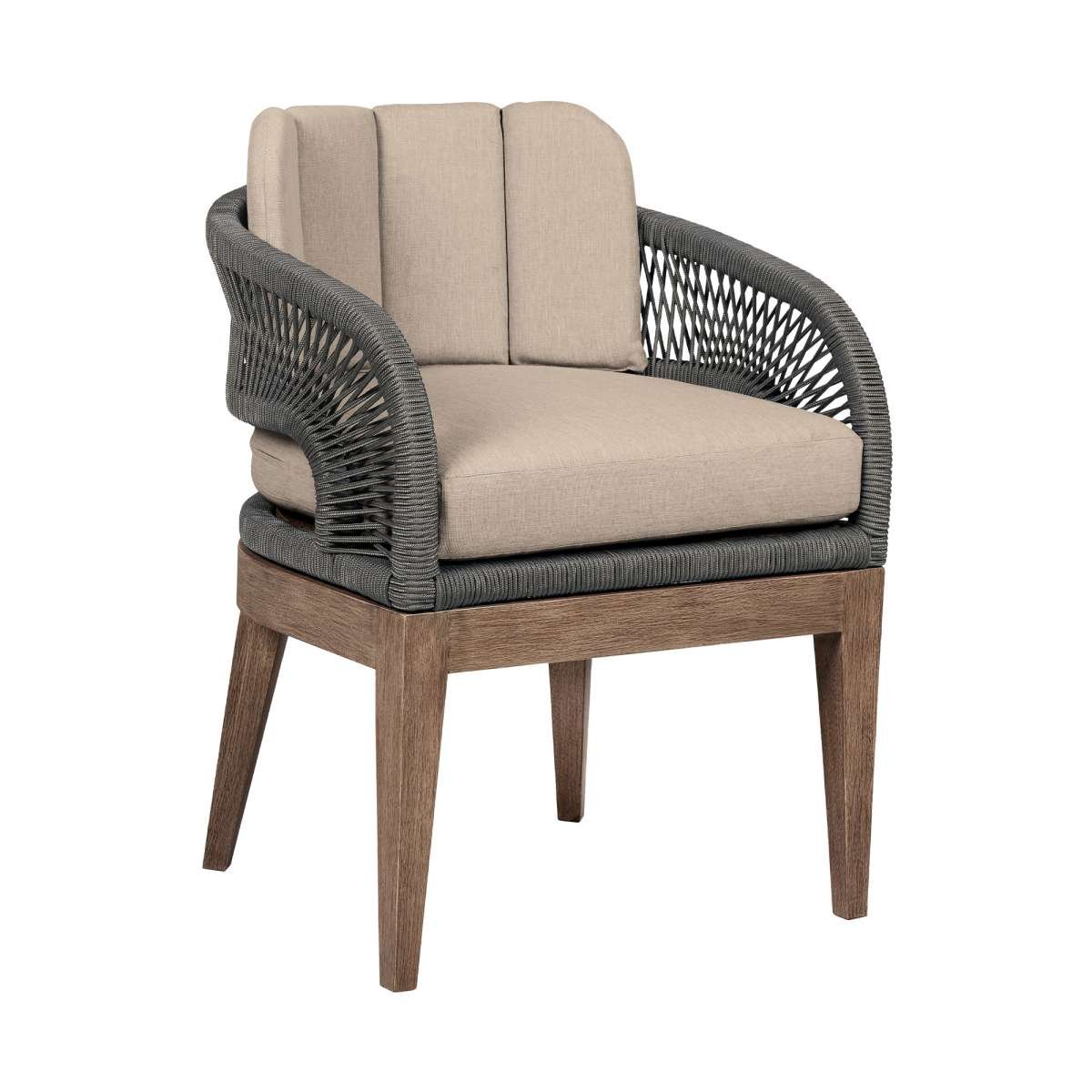 Orbit Outdoor Patio Dining Chair in Weathered Eucalyptus Wood with Gray Rope and Taupe Olefin Cushions By Armen Living - Image 3