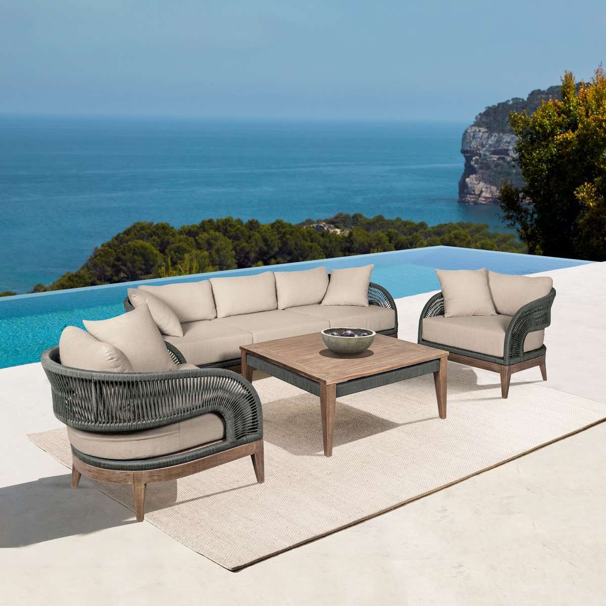 Orbit Outdoor Patio Sofa in Weathered Eucalyptus Wood with Gray Rope and Taupe Olefin Cushions By Armen Living - Image 2