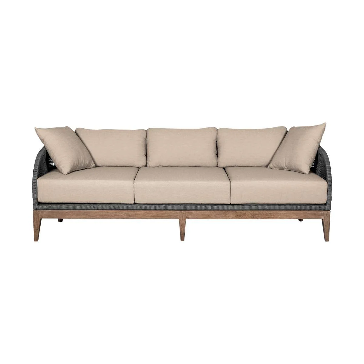 Orbit Outdoor Patio Sofa in Weathered Eucalyptus Wood with Gray Rope and Taupe Olefin Cushions By Armen Living - Image 3
