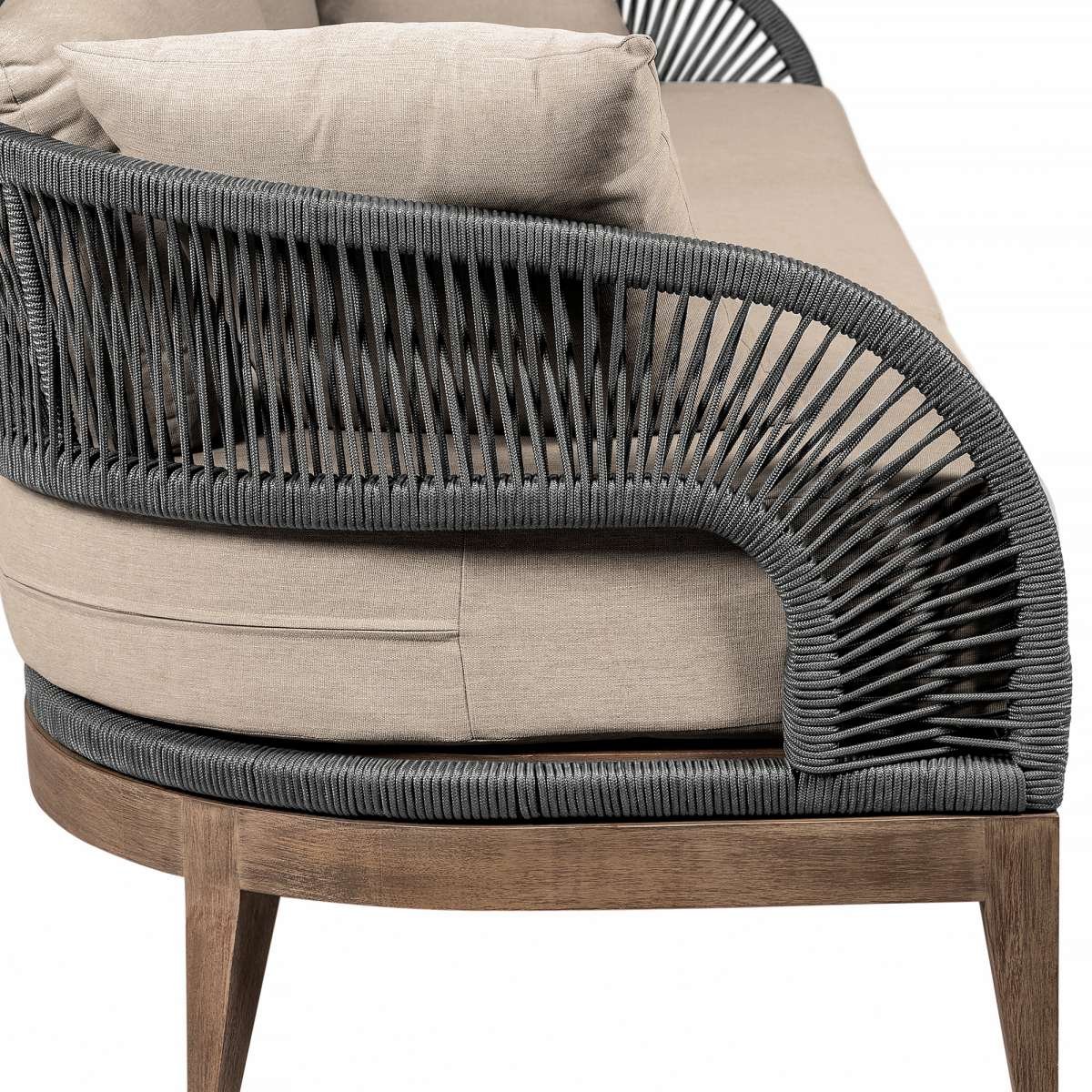 Orbit Outdoor Patio Sofa in Weathered Eucalyptus Wood with Gray Rope and Taupe Olefin Cushions By Armen Living - Image 5