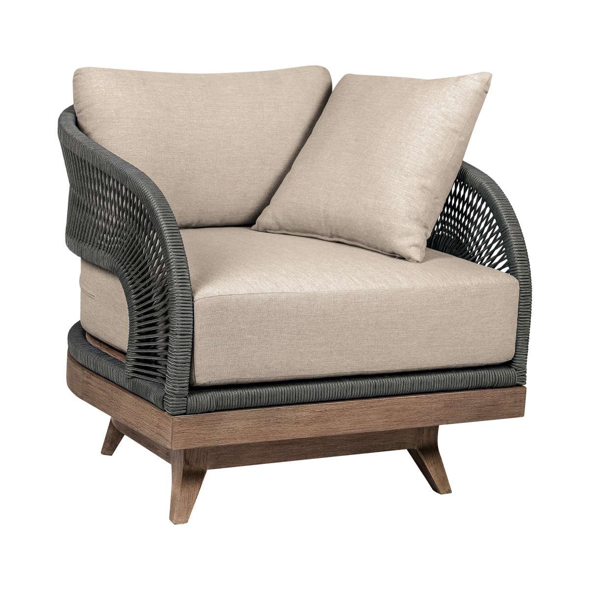 Orbit Swivel Outdoor Patio Chair in Weathered Eucalyptus Wood with Gray Rope and Taupe Olefin Cushions By Armen Living - Image 2