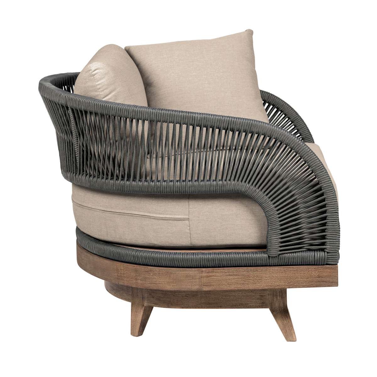 Orbit Swivel Outdoor Patio Chair in Weathered Eucalyptus Wood with Gray Rope and Taupe Olefin Cushions By Armen Living - Image 3