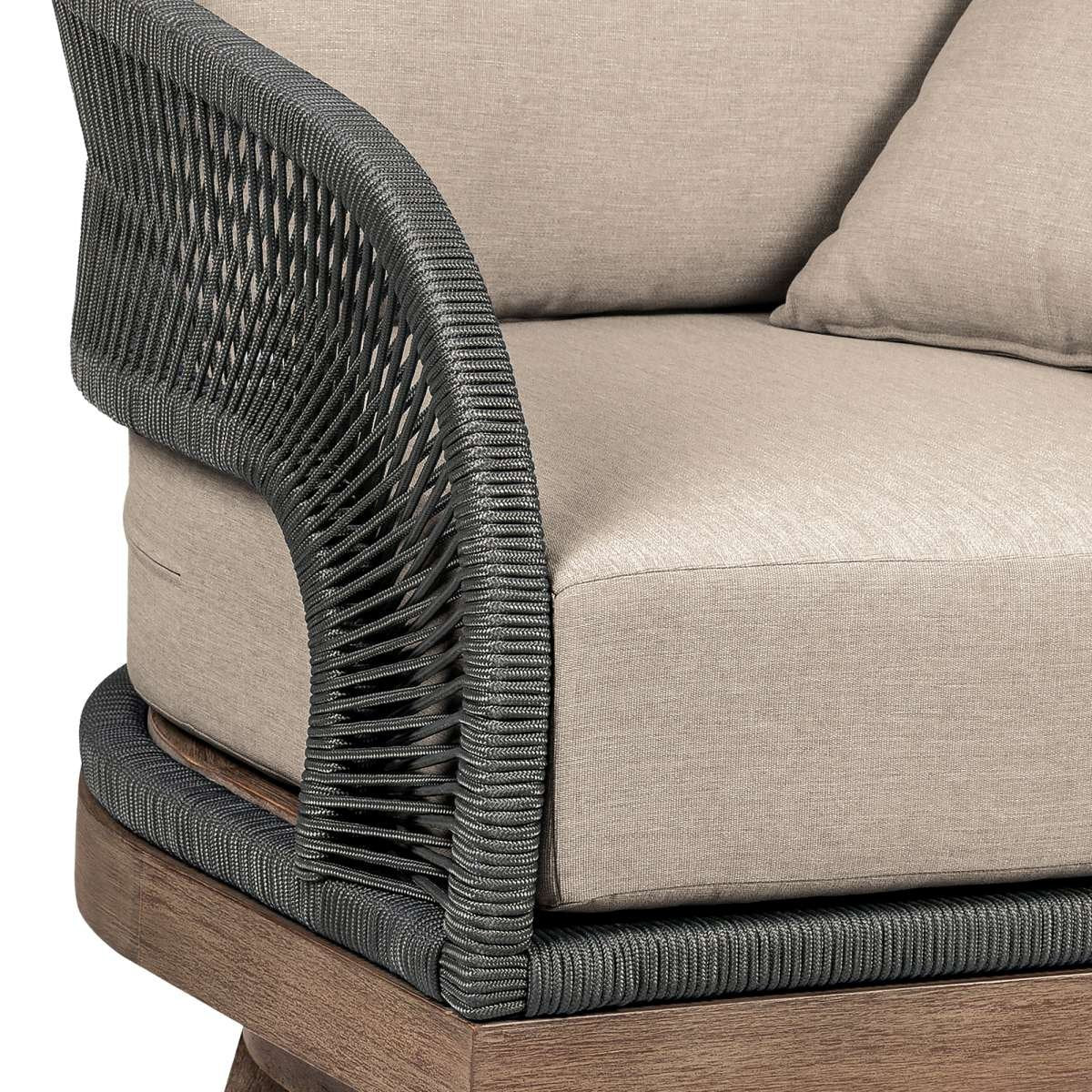 Orbit Swivel Outdoor Patio Chair in Weathered Eucalyptus Wood with Gray Rope and Taupe Olefin Cushions By Armen Living - Image 4