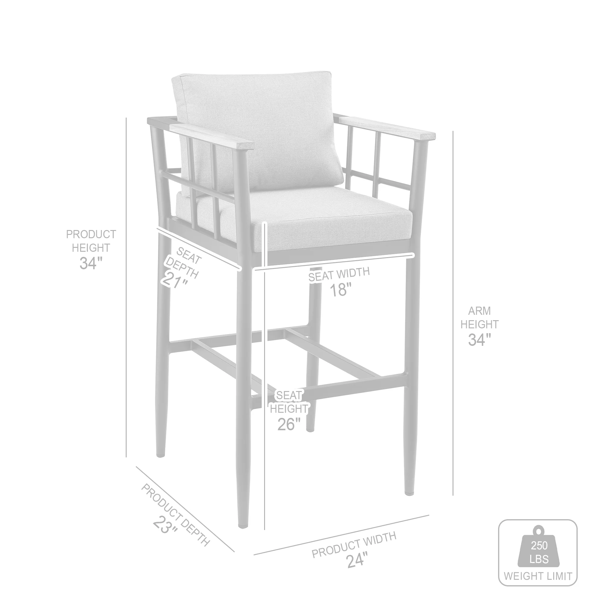 Orlando Outdoor Patio Counter Height Bar Stool in Aluminum and Teak with Gray Cushions By Armen Living - Image 10