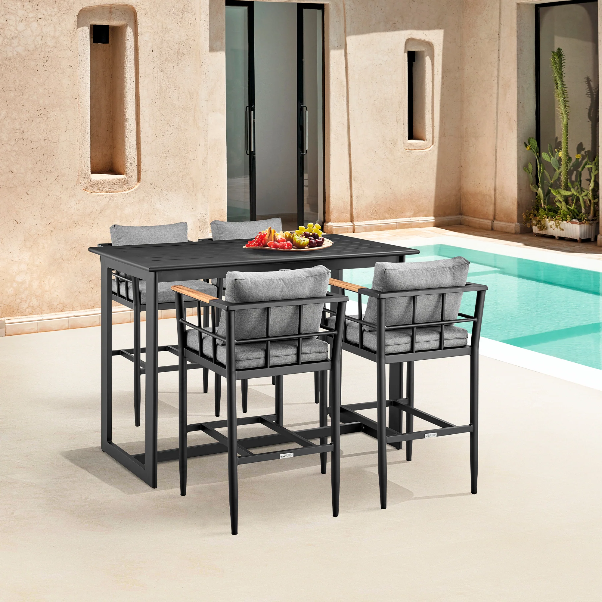Orlando Outdoor Patio Counter Height Bar Stool in Aluminum and Teak with Gray Cushions By Armen Living - Image 2