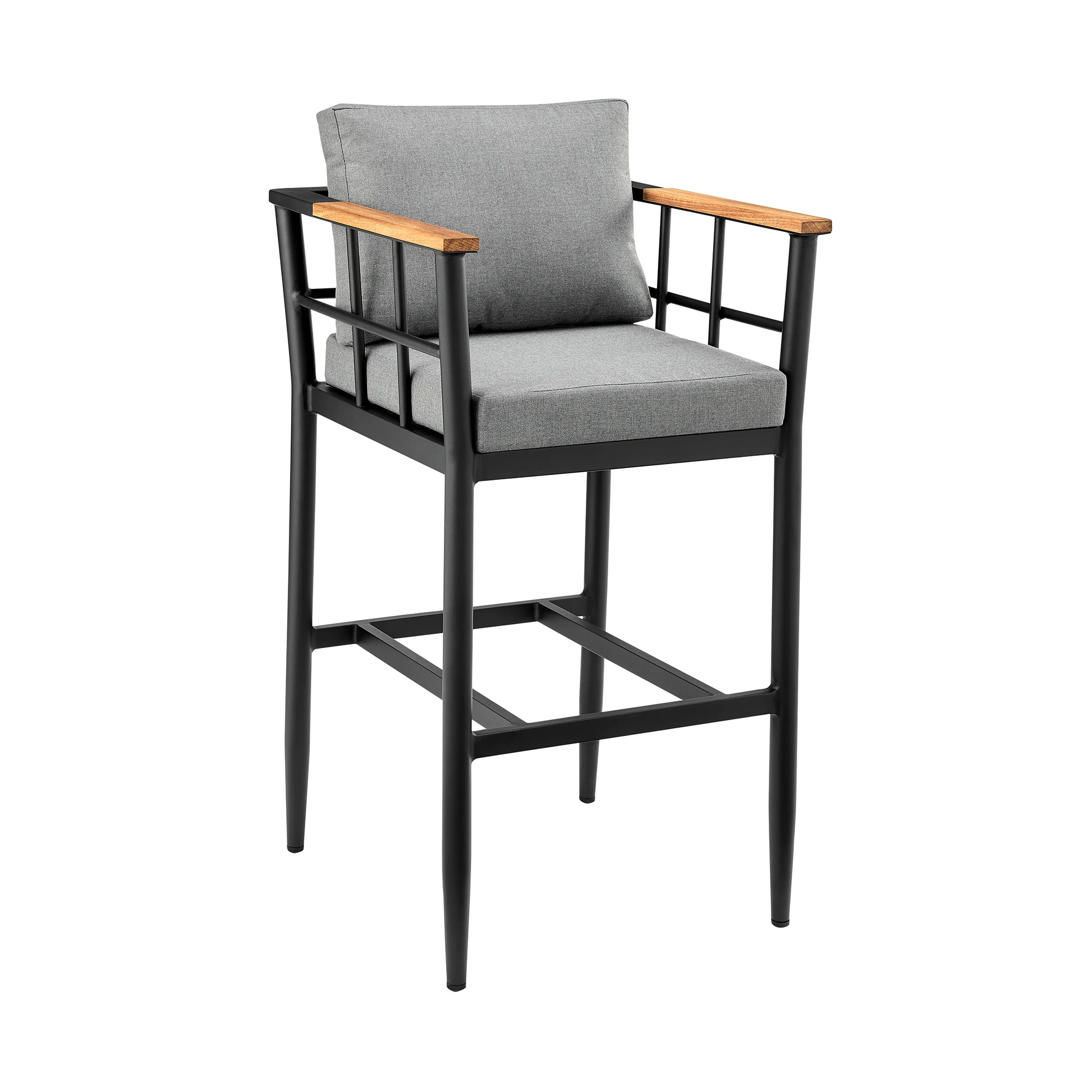 Orlando Outdoor Patio Counter Height Bar Stool in Aluminum and Teak with Gray Cushions By Armen Living - Image 3