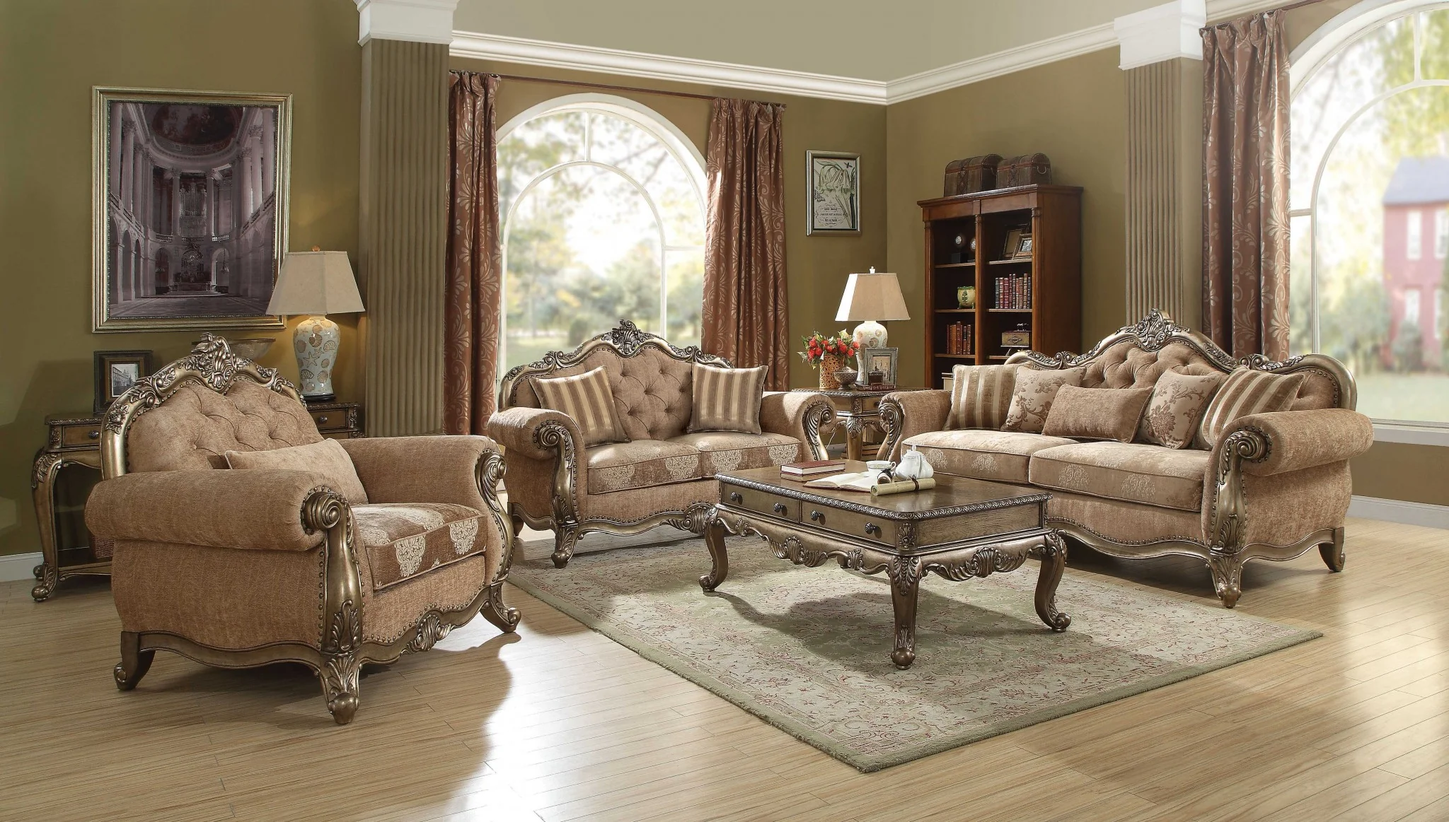 Ornate Vintage Look Velvet and Oak Loveseat By Homeroots - Image 2