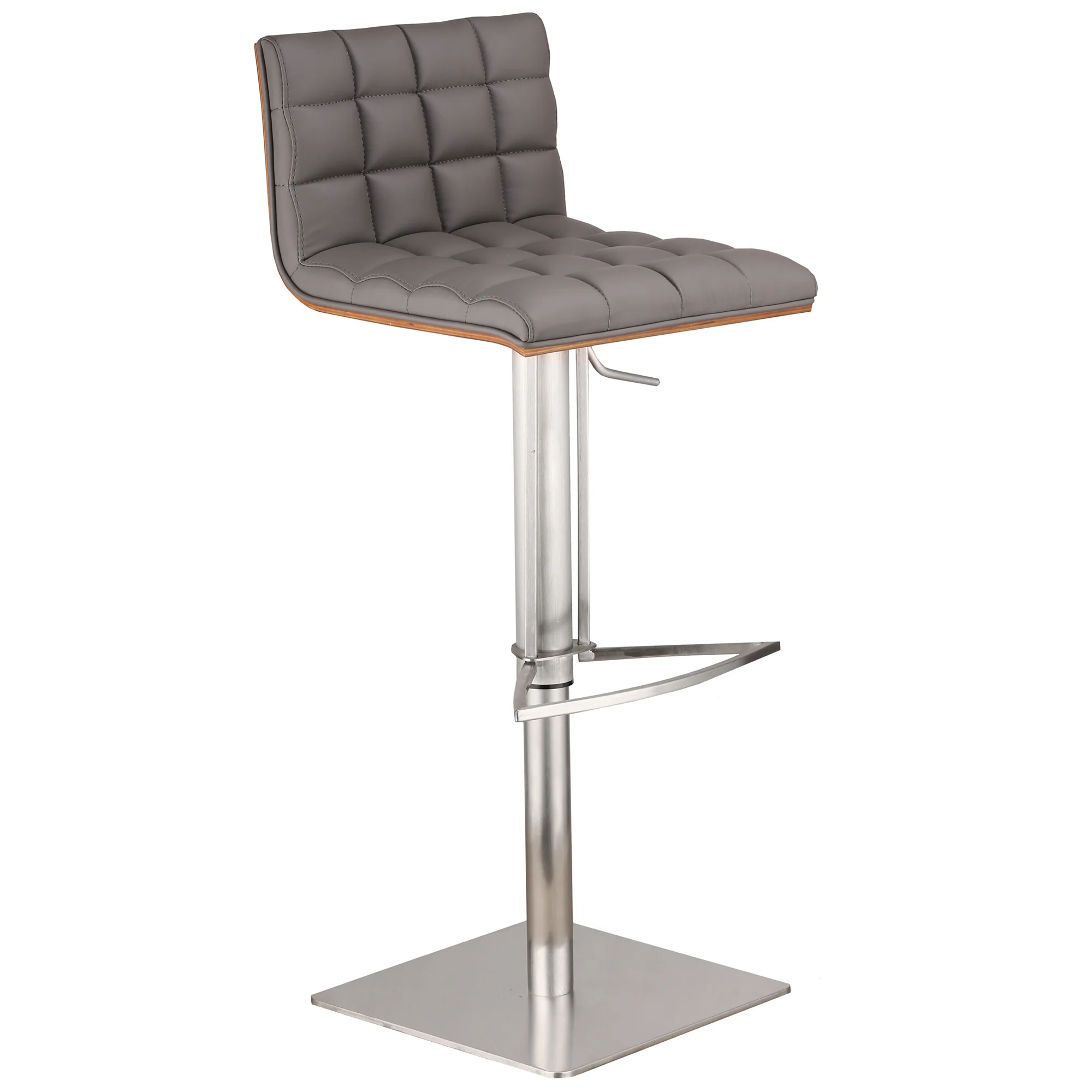 Oslo Adjustable Brushed Stainless Steel Barstool in Gray Faux Leather with Walnut Back By Armen Living - Image 2