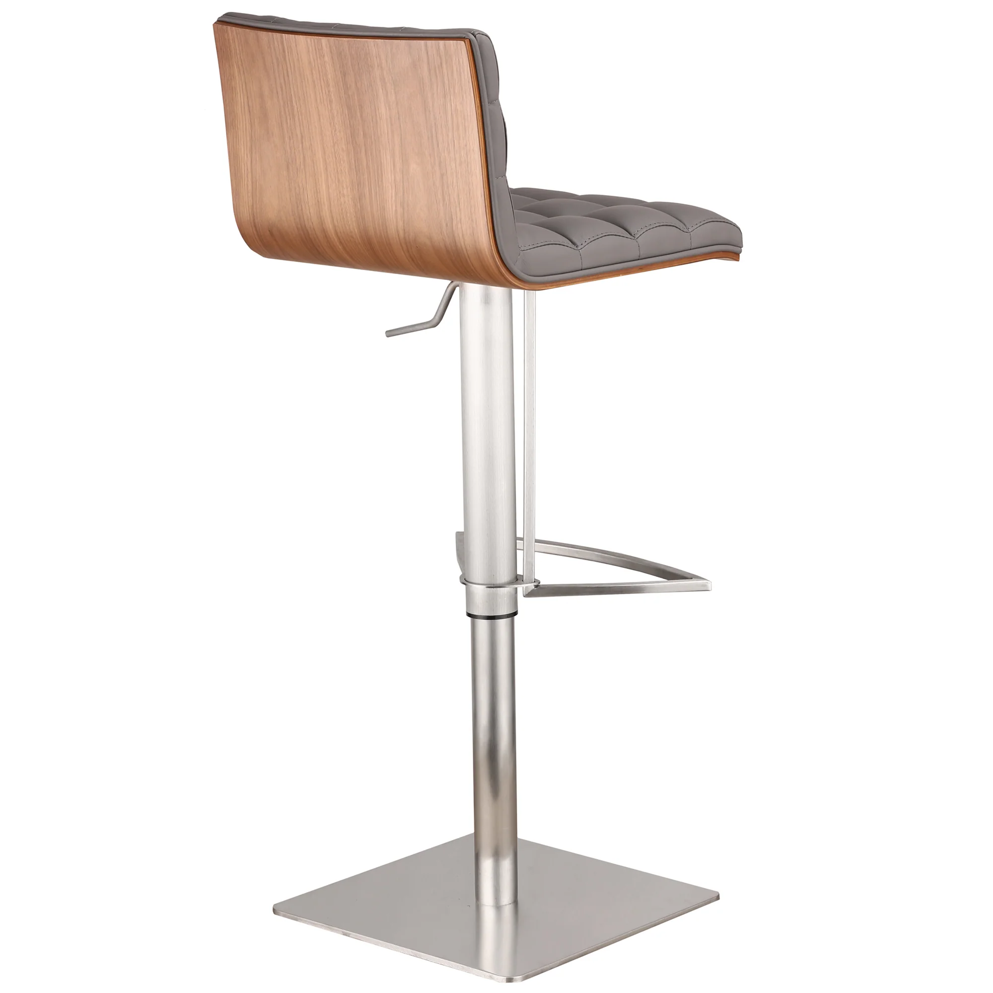 Oslo Adjustable Brushed Stainless Steel Barstool in Gray Faux Leather with Walnut Back By Armen Living - Image 3