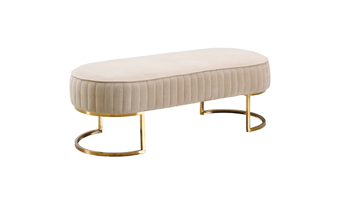 Oval Modern Beige Velvet Bench with Gold Crescent shaped base By Homeroots - Image 2