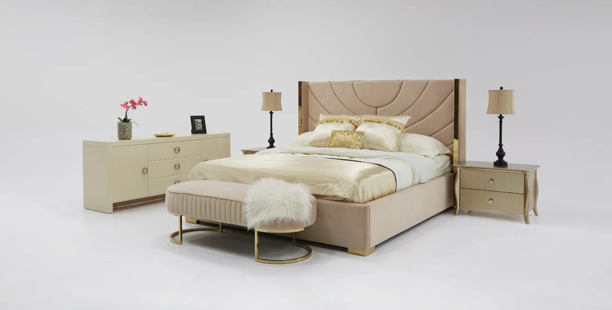 Oval Modern Beige Velvet Bench with Gold Crescent shaped base By Homeroots - Image 3