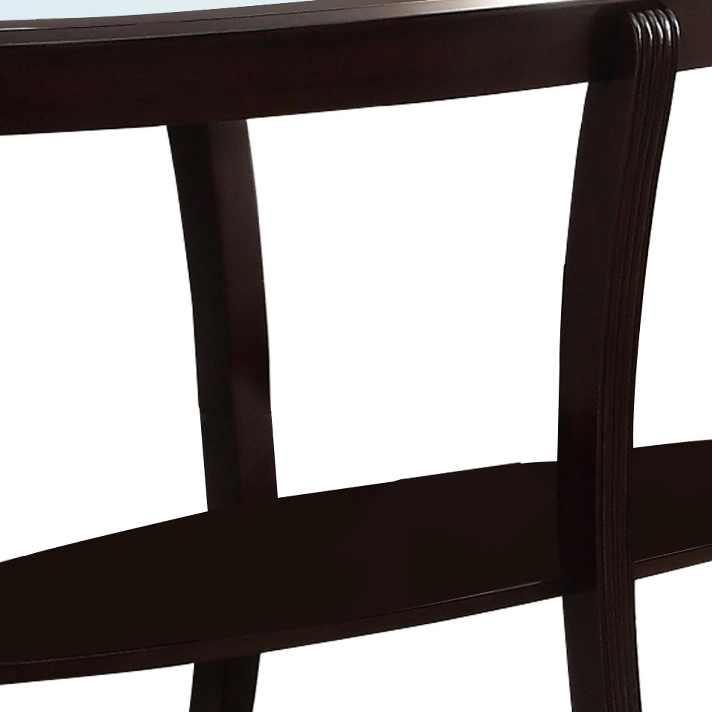Oval Top Wooden Sofa Table With Glass Insert And Open Shelf, Espresso Brown By Benzara - Image 2