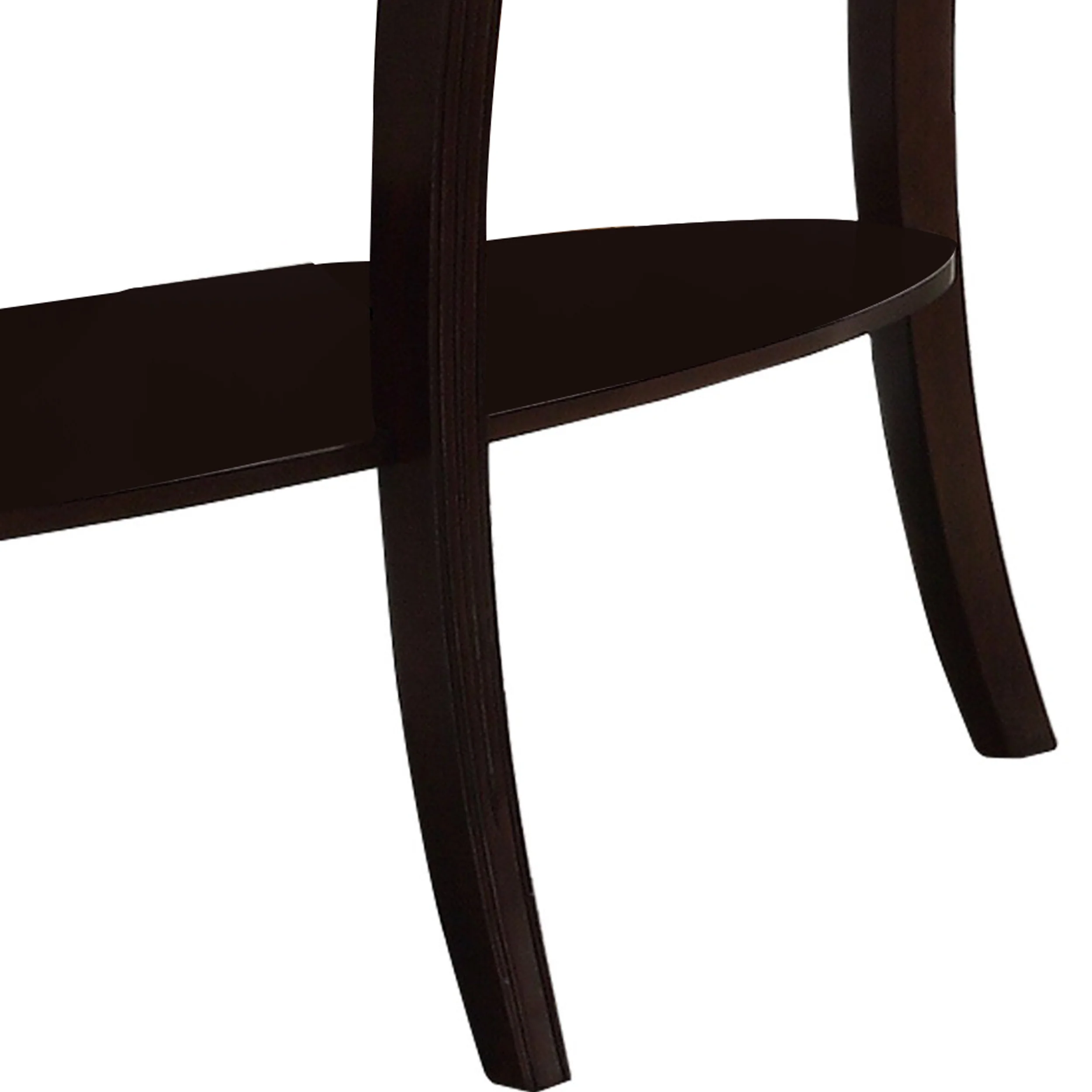 Oval Top Wooden Sofa Table With Glass Insert And Open Shelf, Espresso Brown By Benzara - Image 3