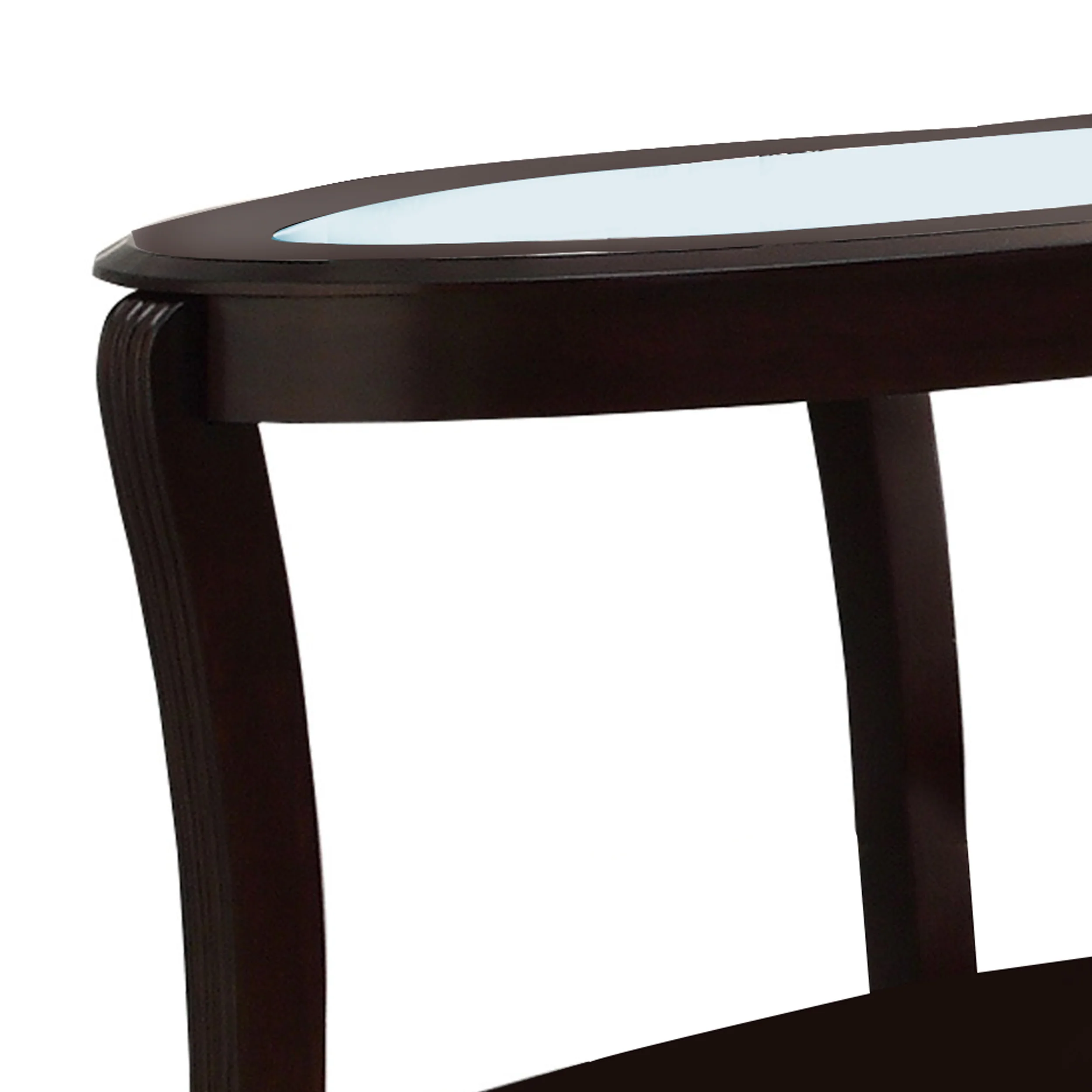Oval Top Wooden Sofa Table With Glass Insert And Open Shelf, Espresso Brown By Benzara - Image 4
