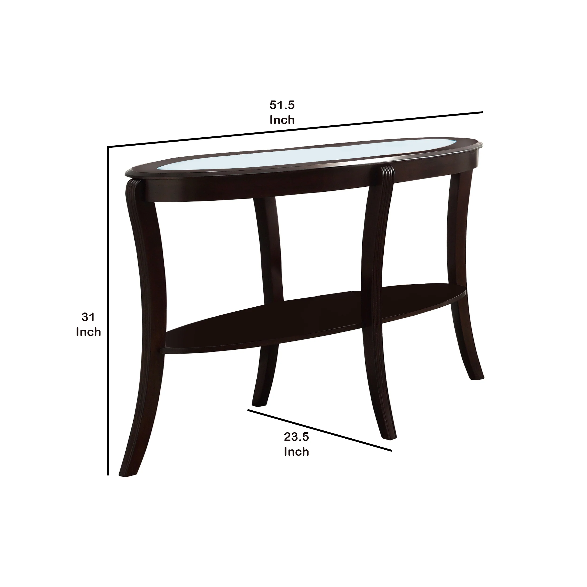 Oval Top Wooden Sofa Table With Glass Insert And Open Shelf, Espresso Brown By Benzara - Image 5