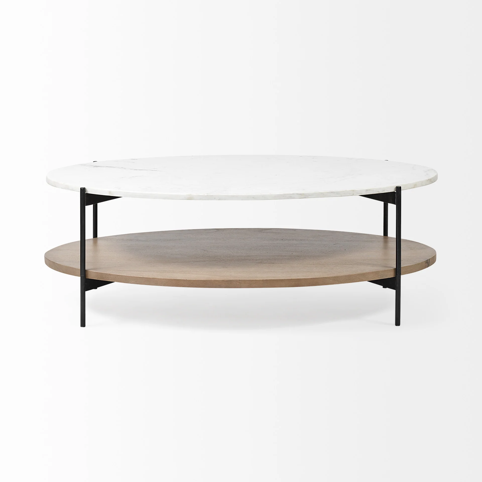 Oval White Marble Top and Black Metal Base Coffee Table w Wood Shelf By Homeroots - Image 2