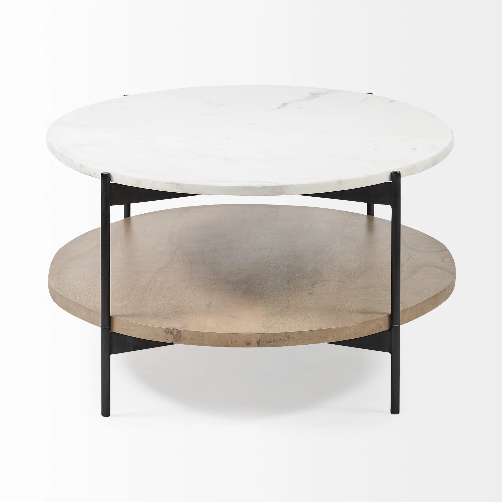 Oval White Marble Top and Black Metal Base Coffee Table w Wood Shelf By Homeroots - Image 3
