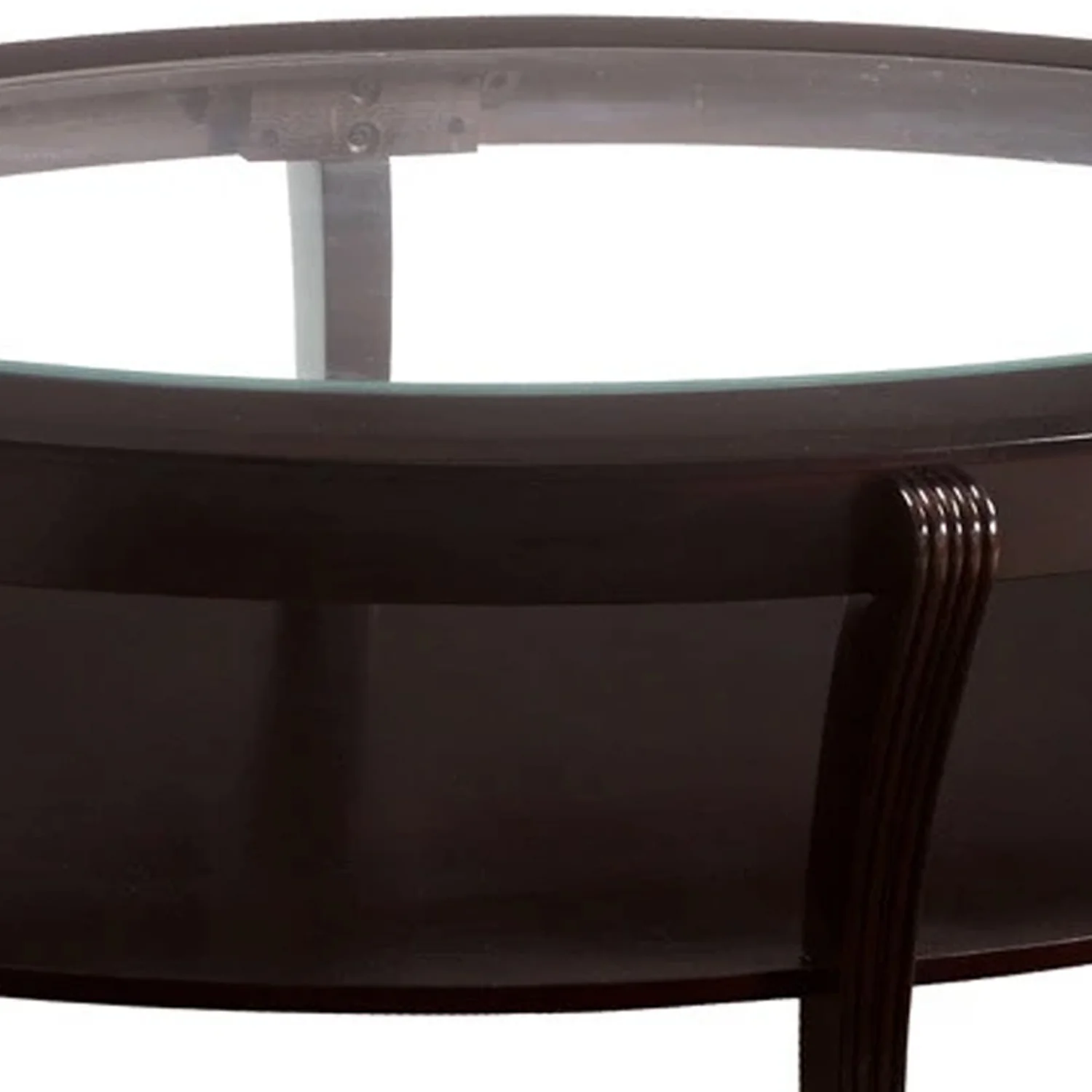 Oval Wooden Cocktail Table With Glass Insert And Open Shelf, Espresso Brown By Benzara - Image 2