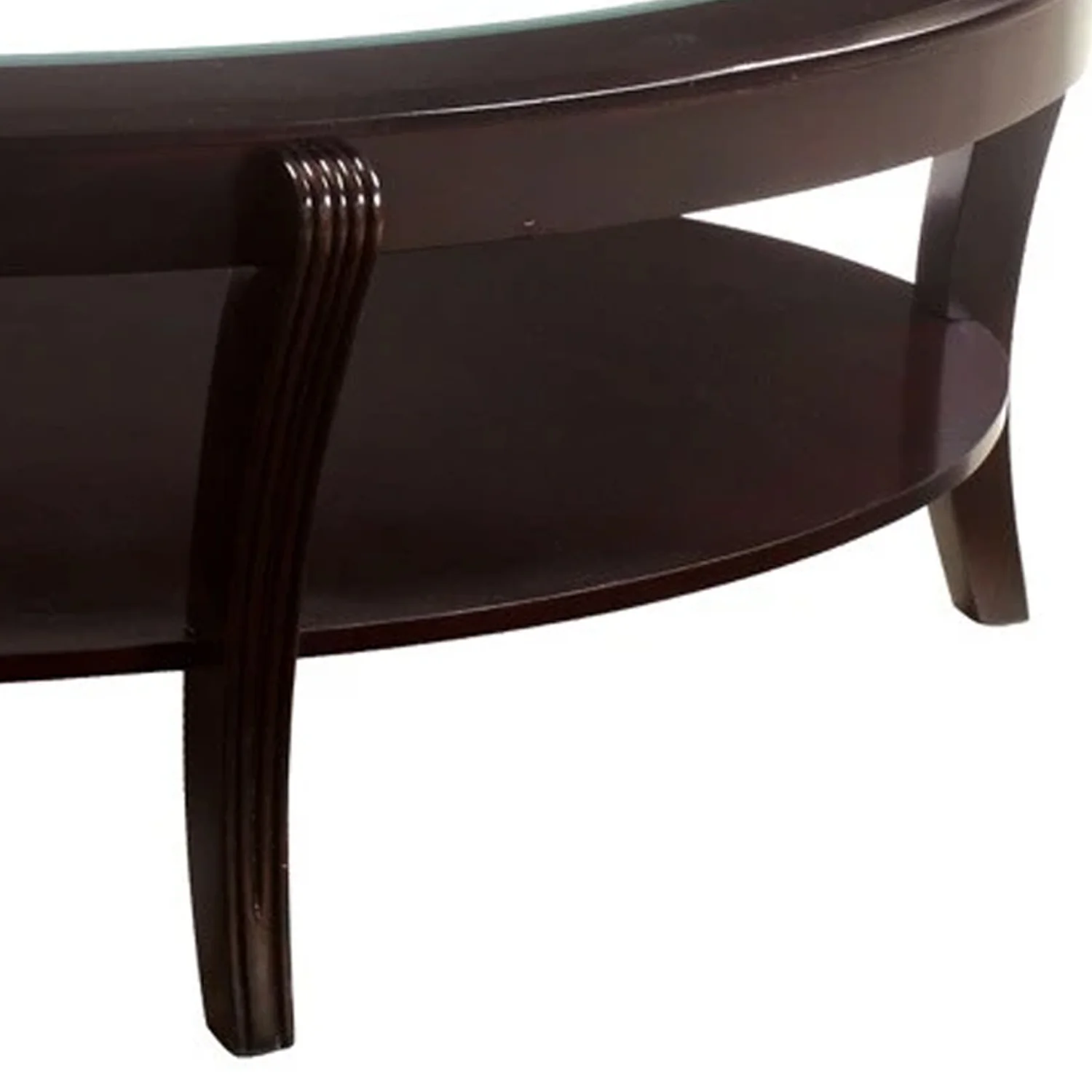 Oval Wooden Cocktail Table With Glass Insert And Open Shelf, Espresso Brown By Benzara - Image 3