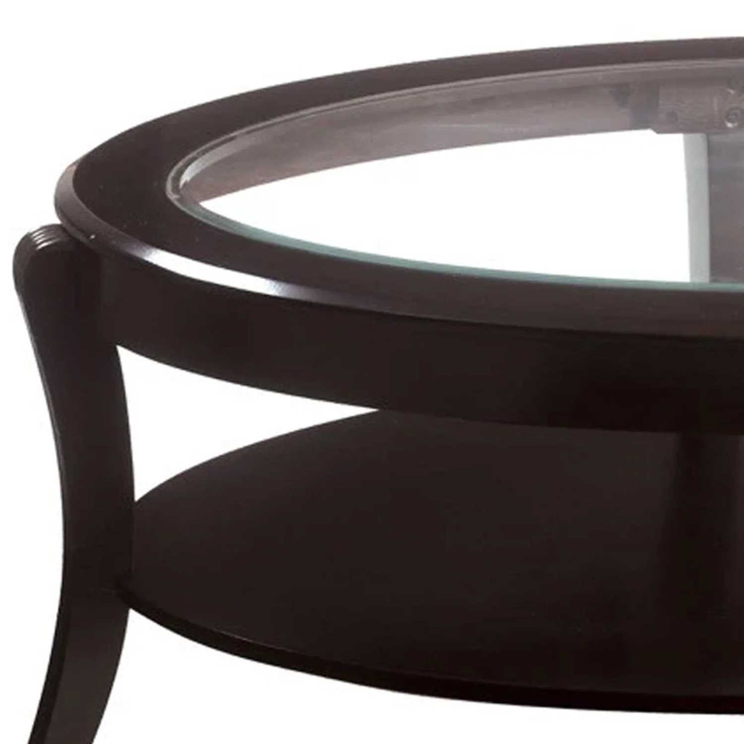 Oval Wooden Cocktail Table With Glass Insert And Open Shelf, Espresso Brown By Benzara - Image 4
