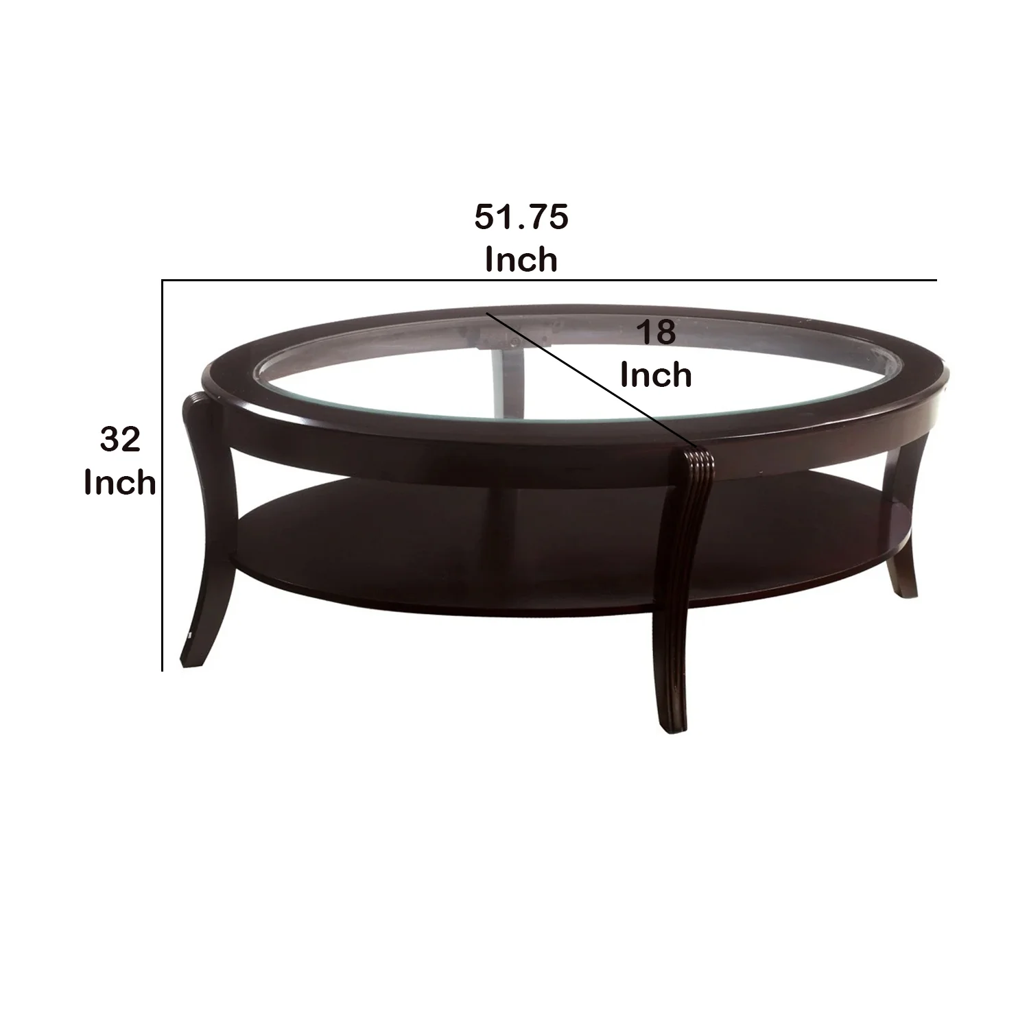 Oval Wooden Cocktail Table With Glass Insert And Open Shelf, Espresso Brown By Benzara - Image 5