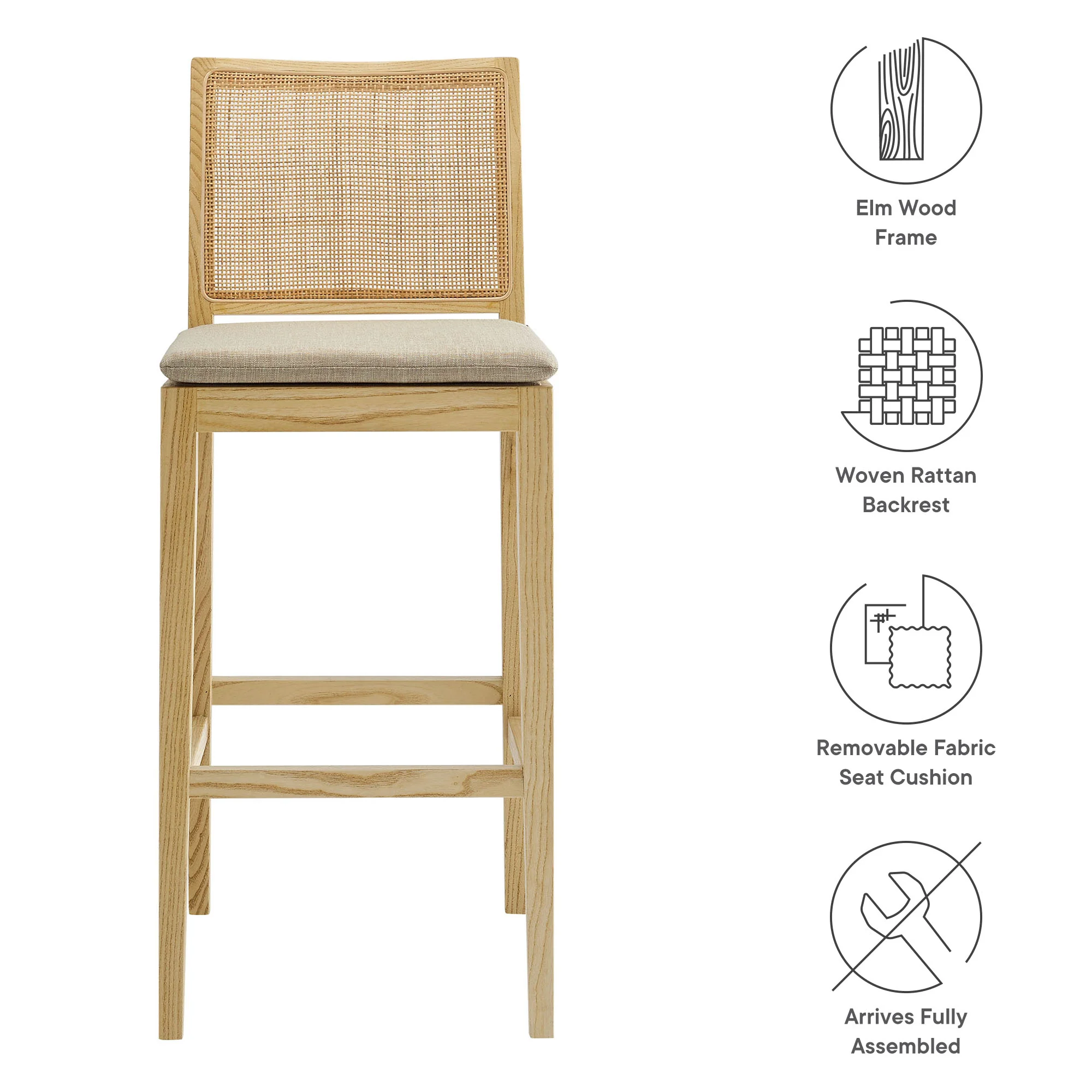 Ovard Wood and Rattan Bar Stool by Modway - Image 8