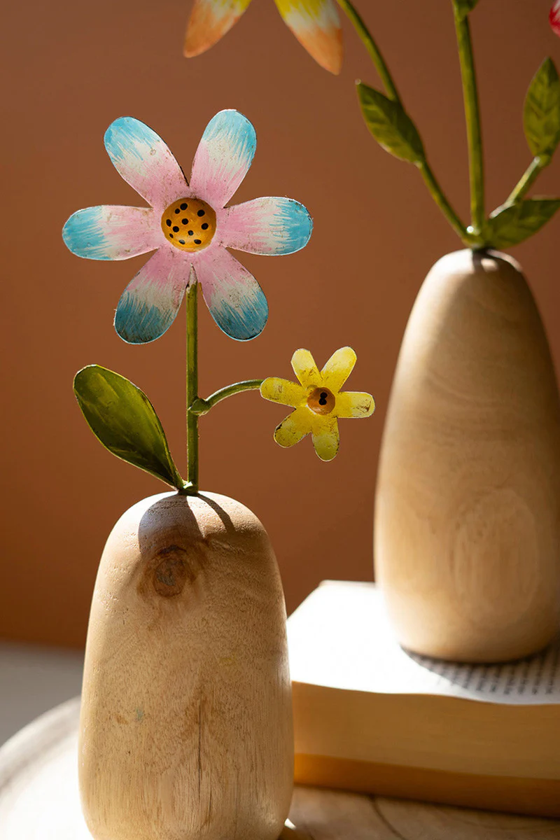 Painted Metal Flowers With Wooden Bases Set Of 3 By Kalalou - Image 2