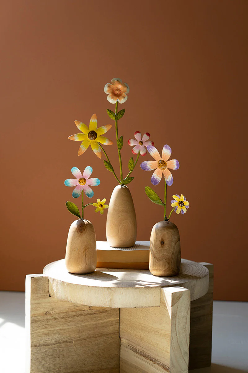 Painted Metal Flowers With Wooden Bases Set Of 3 By Kalalou - Image 3