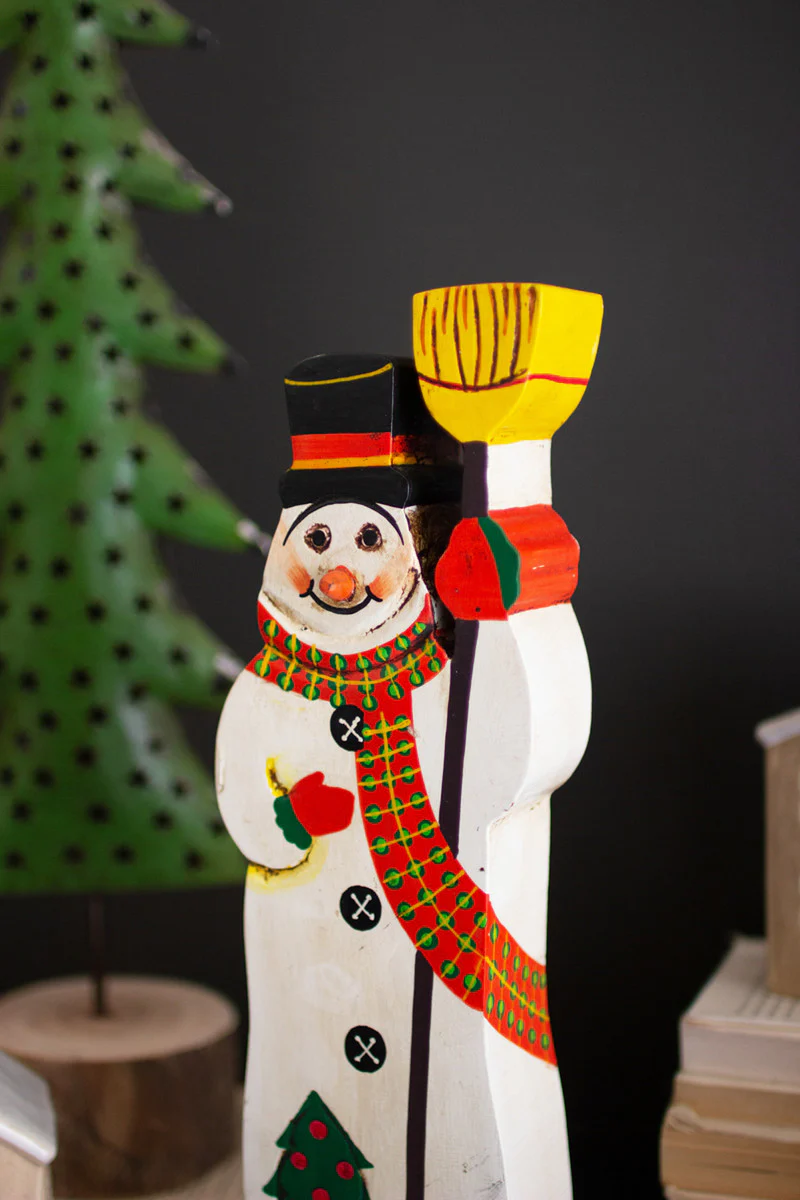 Painted Wooden Snowman Sculpture By Kalalou - Image 3