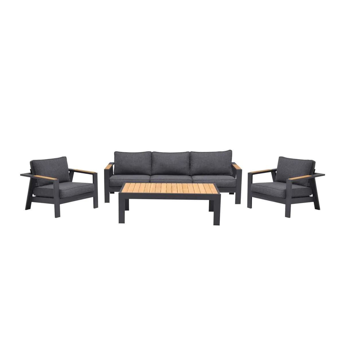 Palau 4 Piece Outdoor Sofa Set in Dark Grey with Natural Teak Wood Accent Top By Armen Living - Image 2