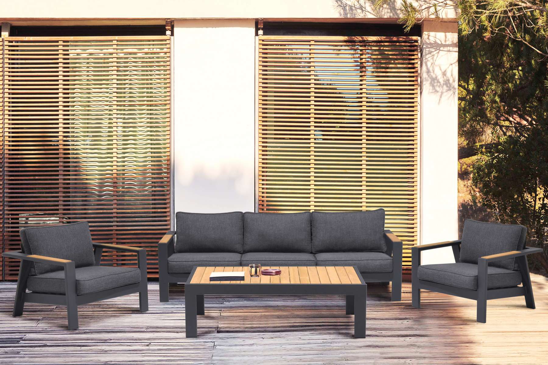 Palau Outdoor Coffee Table in Dark Grey with Natural Teak Wood Top By Armen Living - Image 2