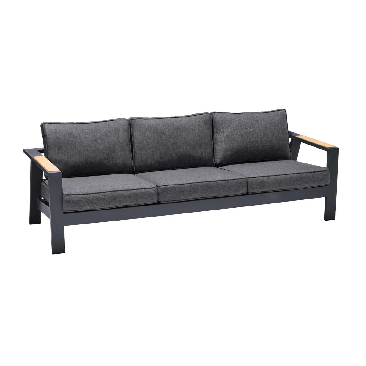 Palau Outdoor Sofa in Dark Grey with Natural Teak Wood Accent and Cushions By Armen Living - Image 4