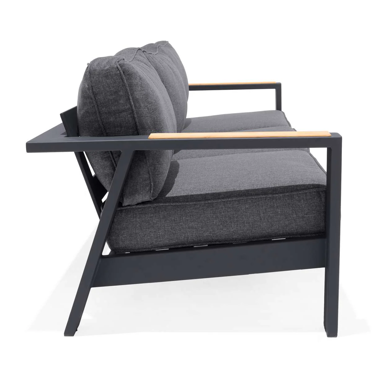 Palau Outdoor Sofa in Dark Grey with Natural Teak Wood Accent and Cushions By Armen Living - Image 5