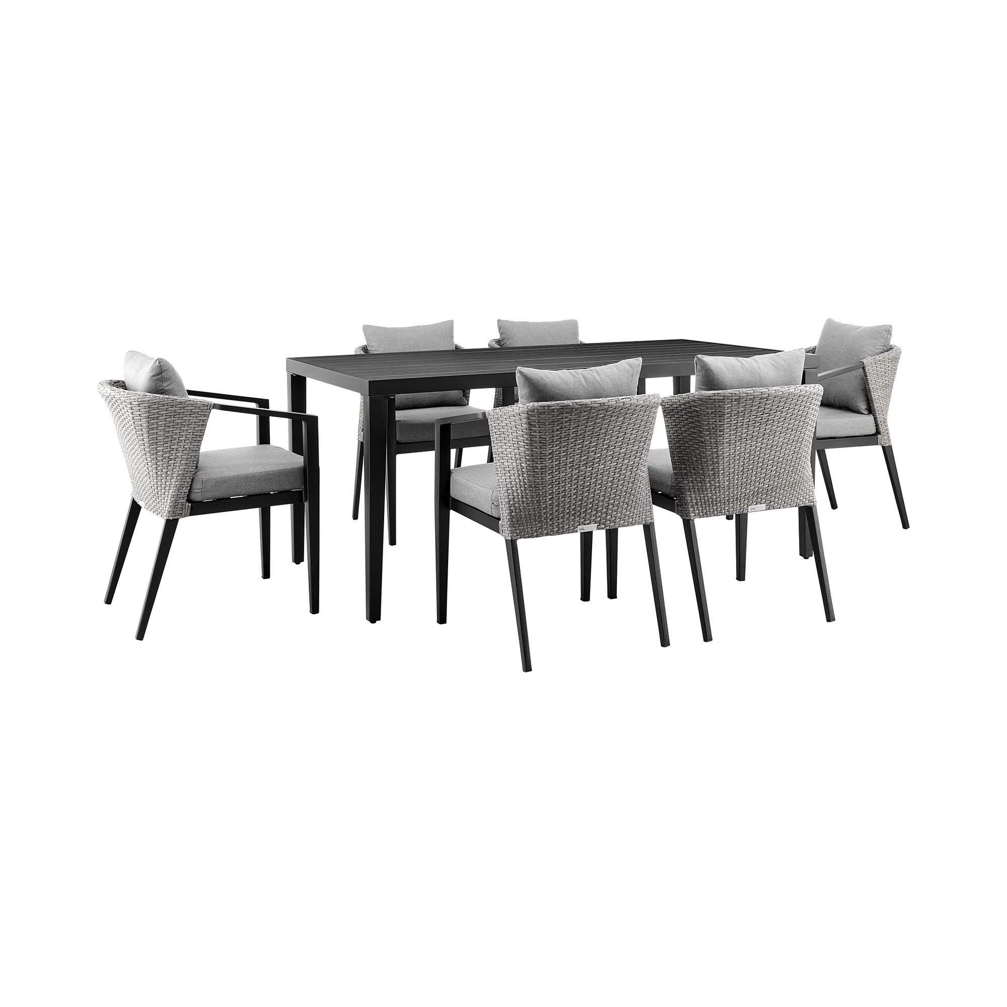 Palma Outdoor Patio 7-Piece Dining Table Set in Aluminum and Wicker with Gray Cushions By Armen Living - Image 2