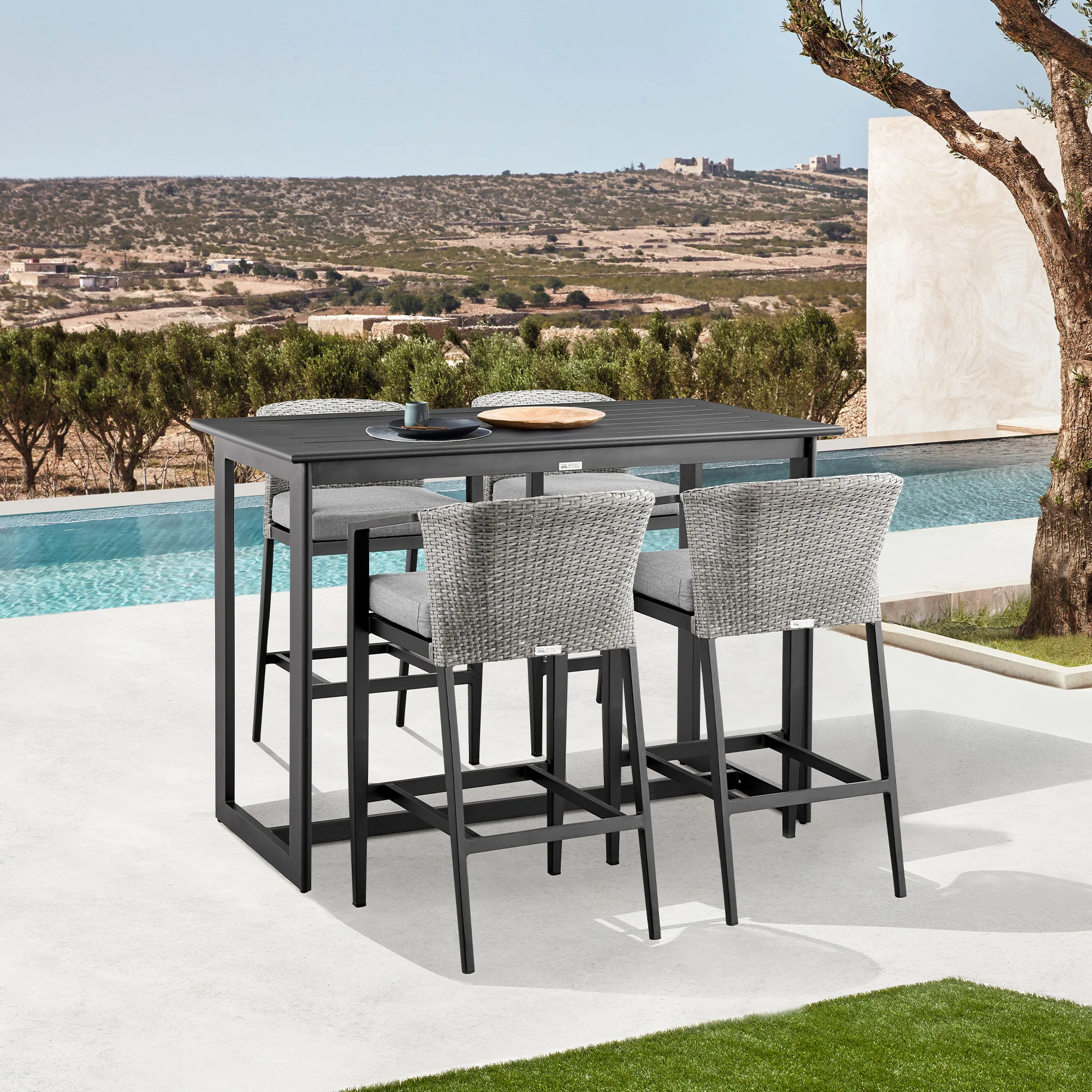 Palma Outdoor Patio Bar Stool in Aluminum and Wicker with Gray Cushions By Armen Living - Image 2