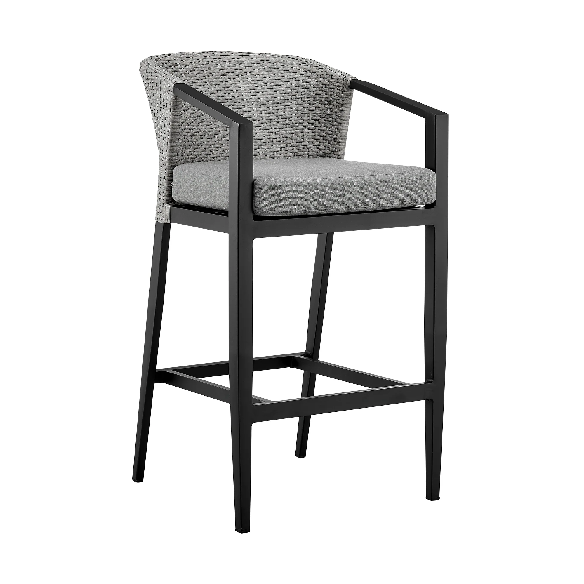 Palma Outdoor Patio Bar Stool in Aluminum and Wicker with Gray Cushions By Armen Living - Image 3