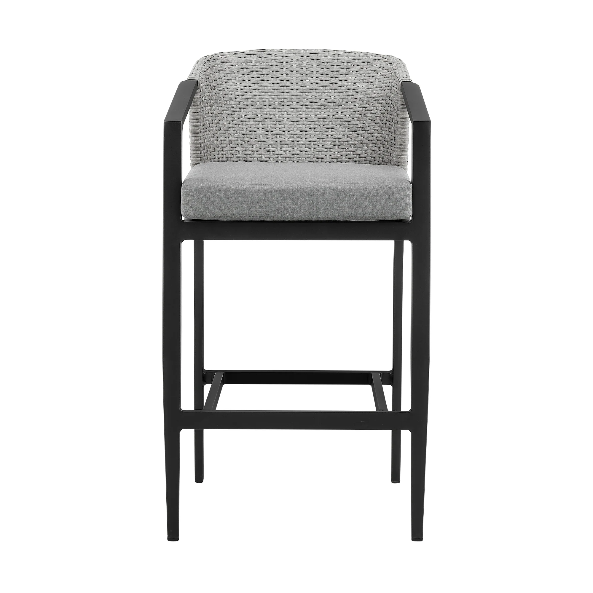 Palma Outdoor Patio Bar Stool in Aluminum and Wicker with Gray Cushions By Armen Living - Image 4