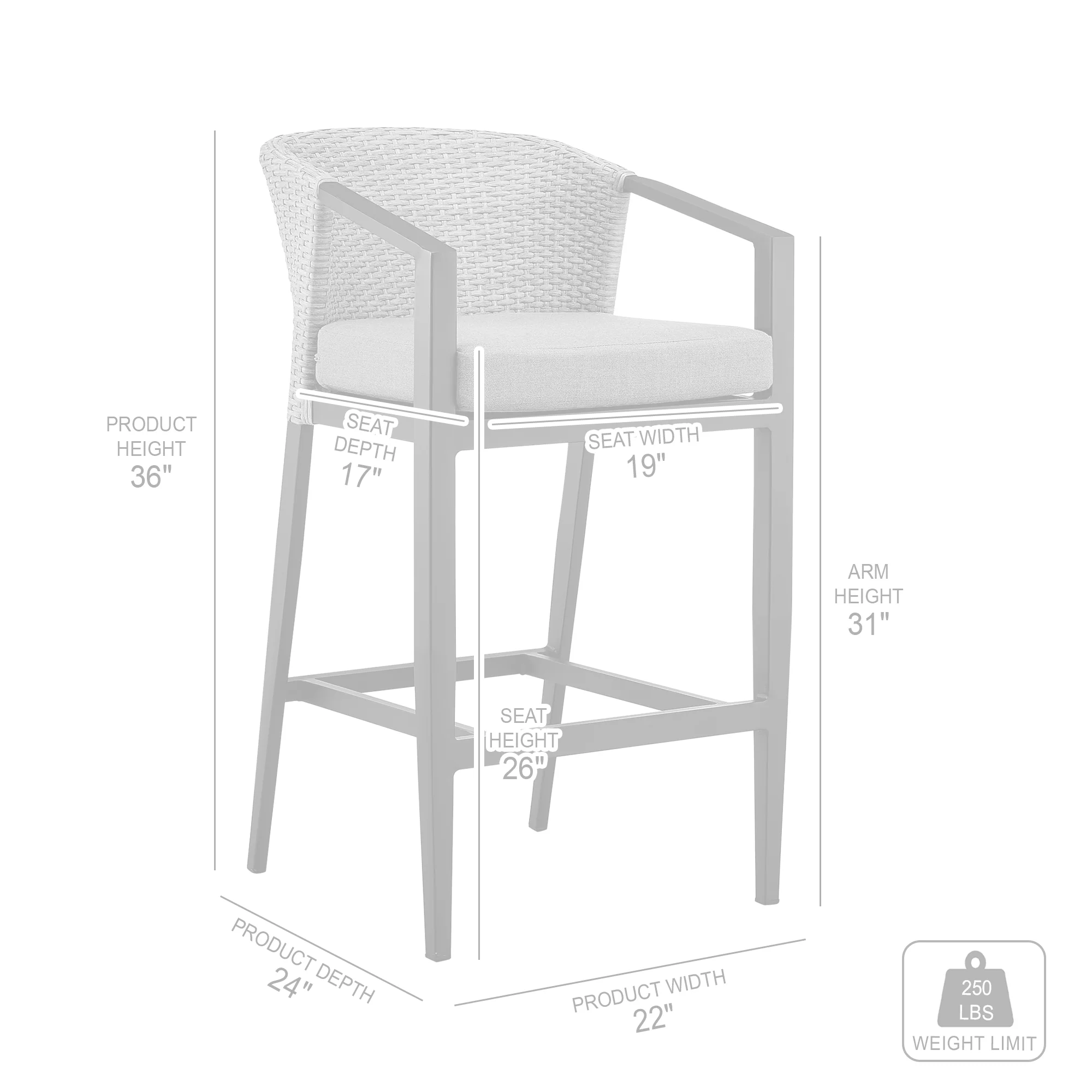 Palma Outdoor Patio Counter Height Bar Stool in Aluminum and Wicker with Gray Cushions By Armen Living - Image 9