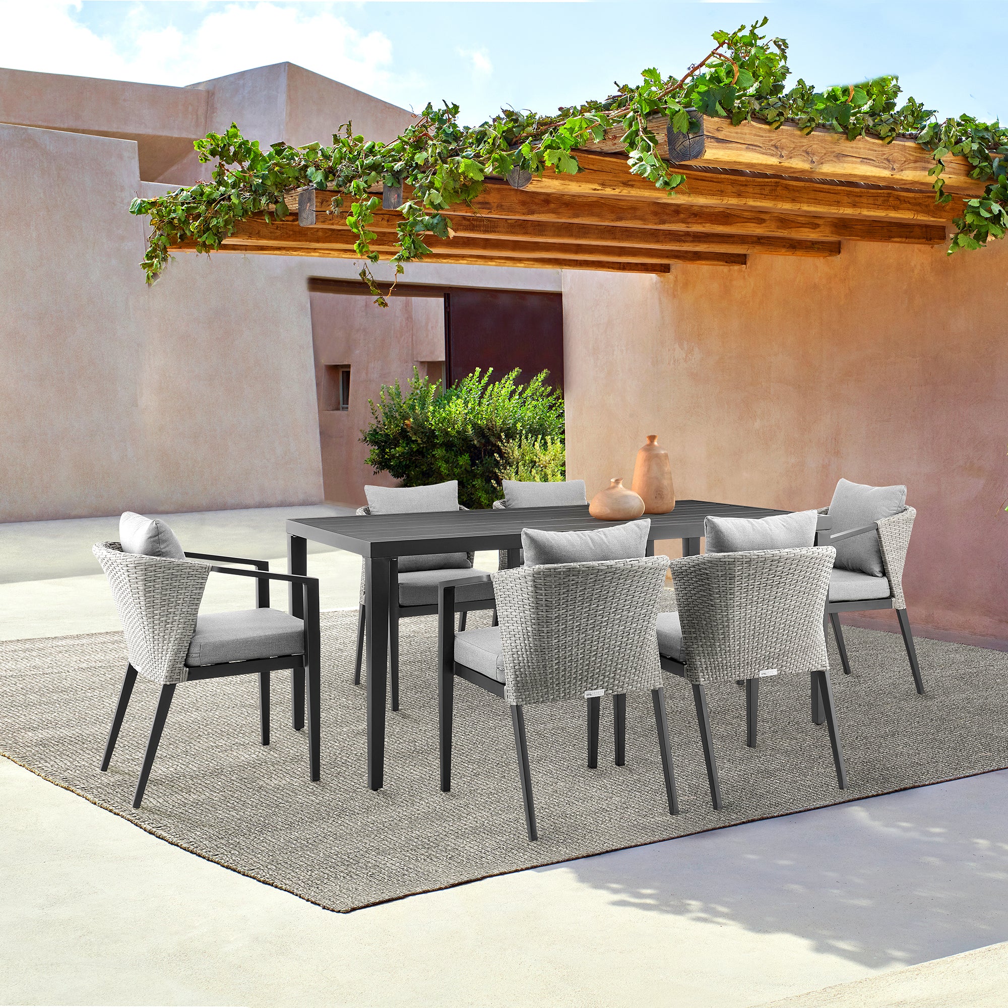 Palma Outdoor Patio Dining Chairs in Aluminum and Wicker with Gray Cushions - Set of 2 By Armen Living - Image 2