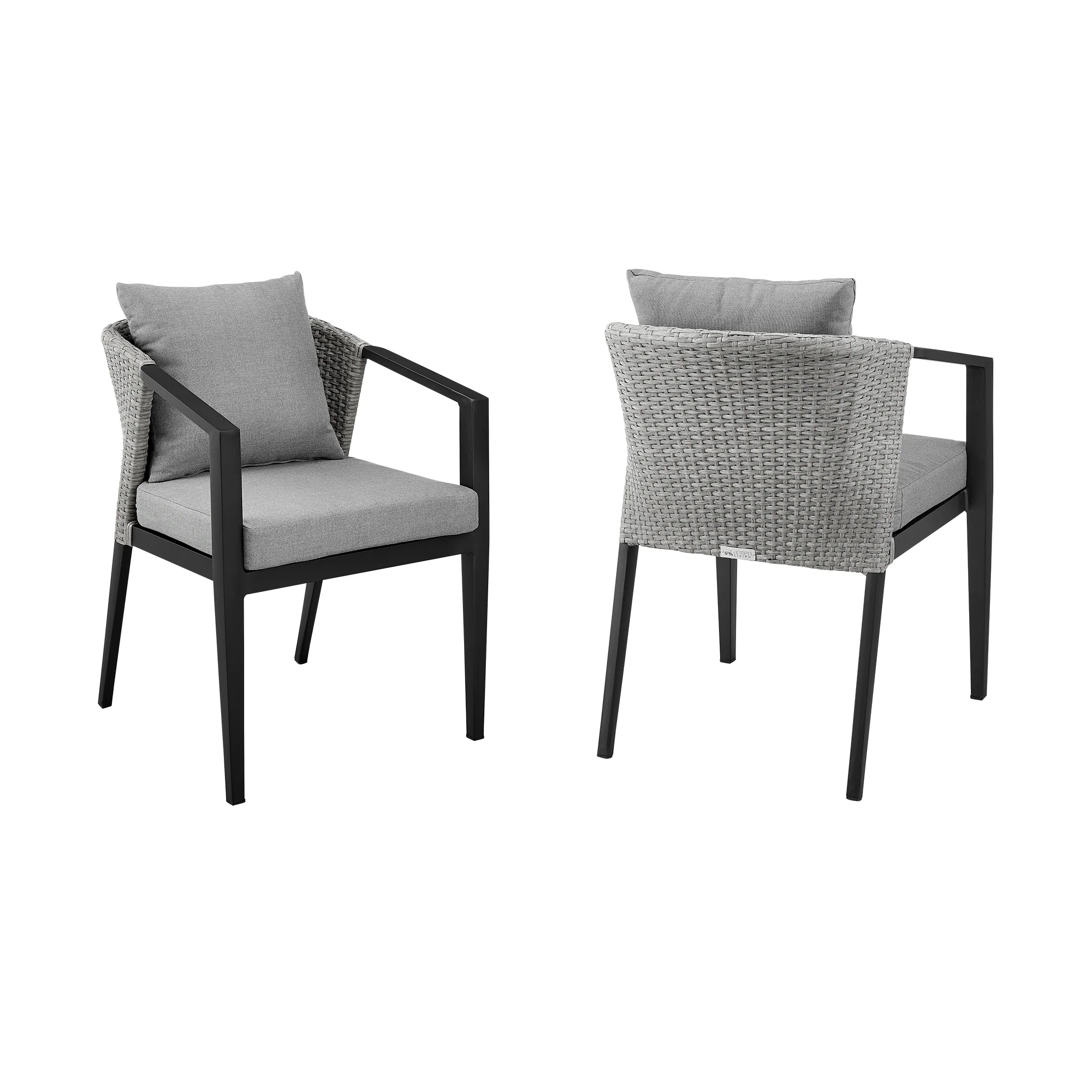 Palma Outdoor Patio Dining Chairs in Aluminum and Wicker with Gray Cushions - Set of 2 By Armen Living - Image 3