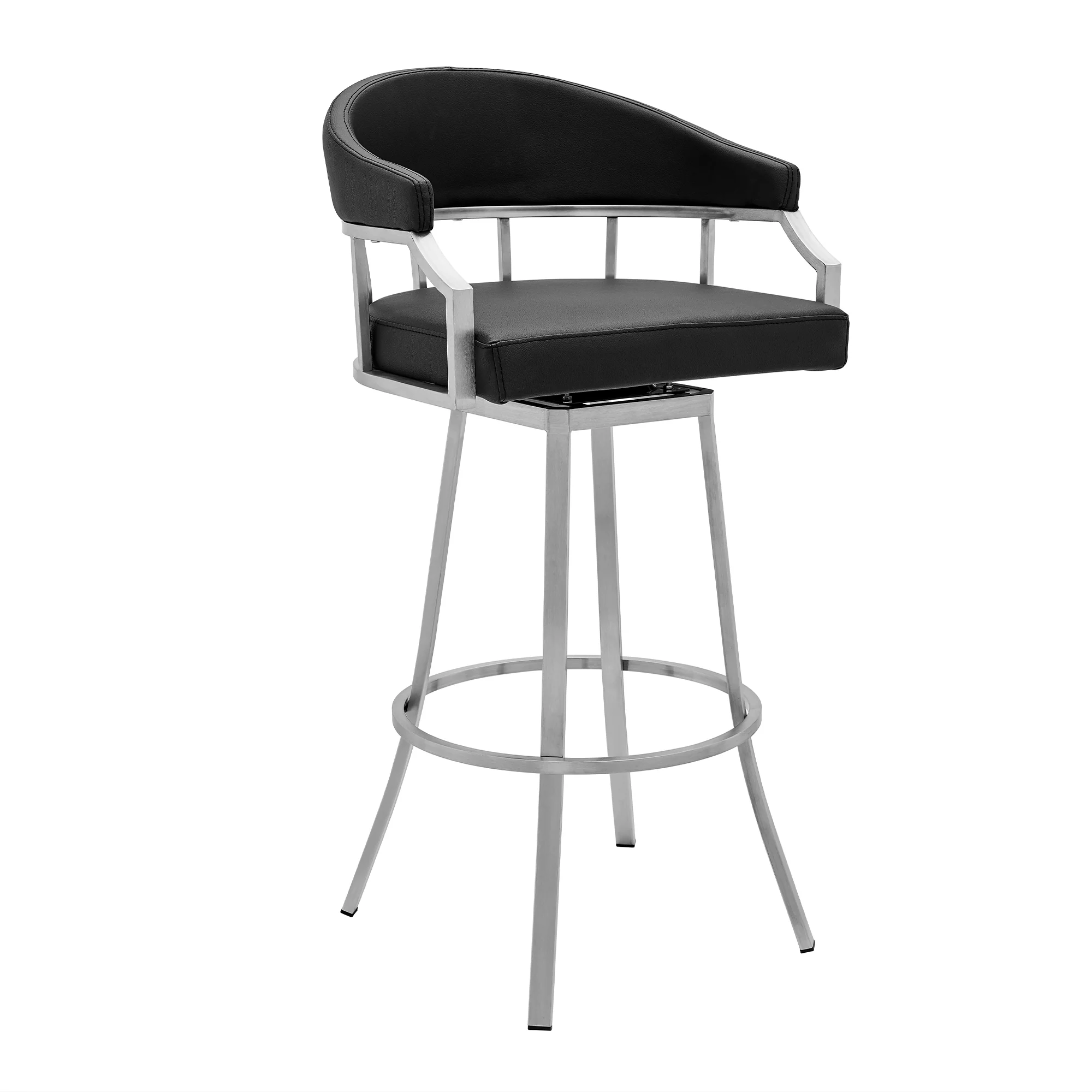 Palmdale Swivel Modern Black Faux Leather 26" Barstool in Brushed Stainless Steel Finish By Armen Living - Image 2