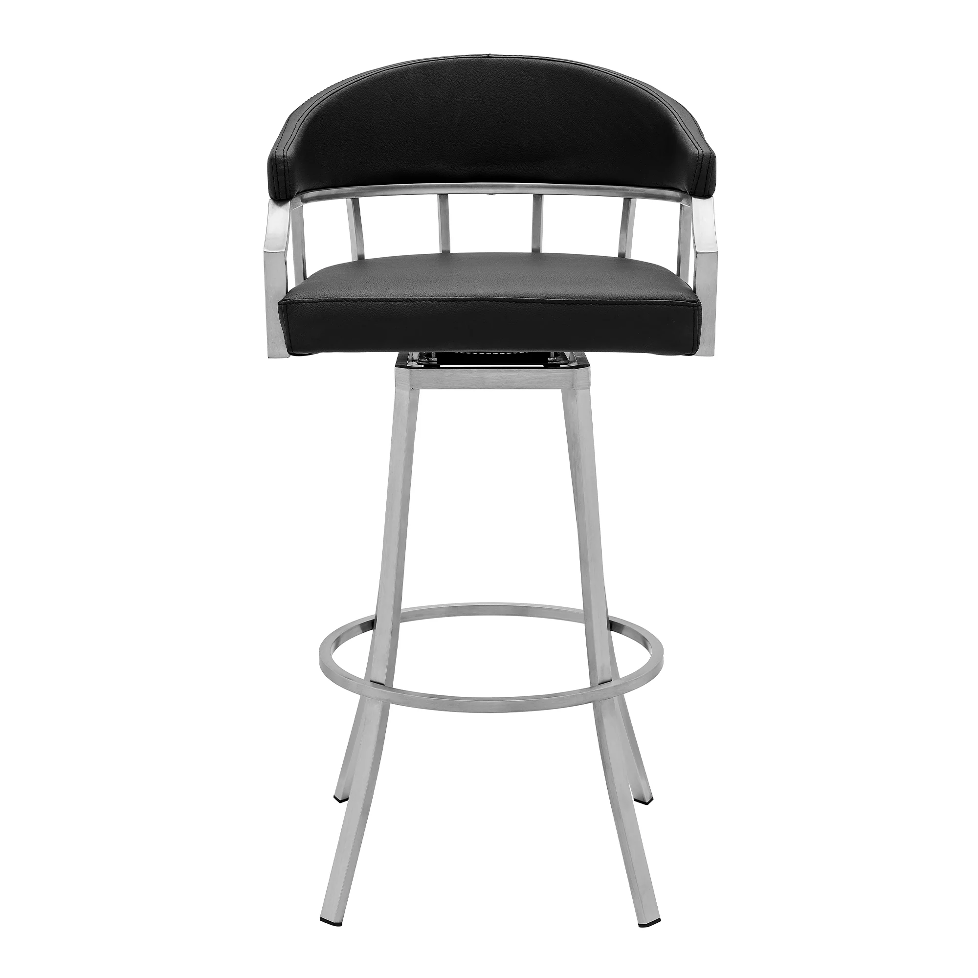 Palmdale Swivel Modern Black Faux Leather 30" Barstool in Brushed Stainless Steel Finish By Armen Living - Image 3