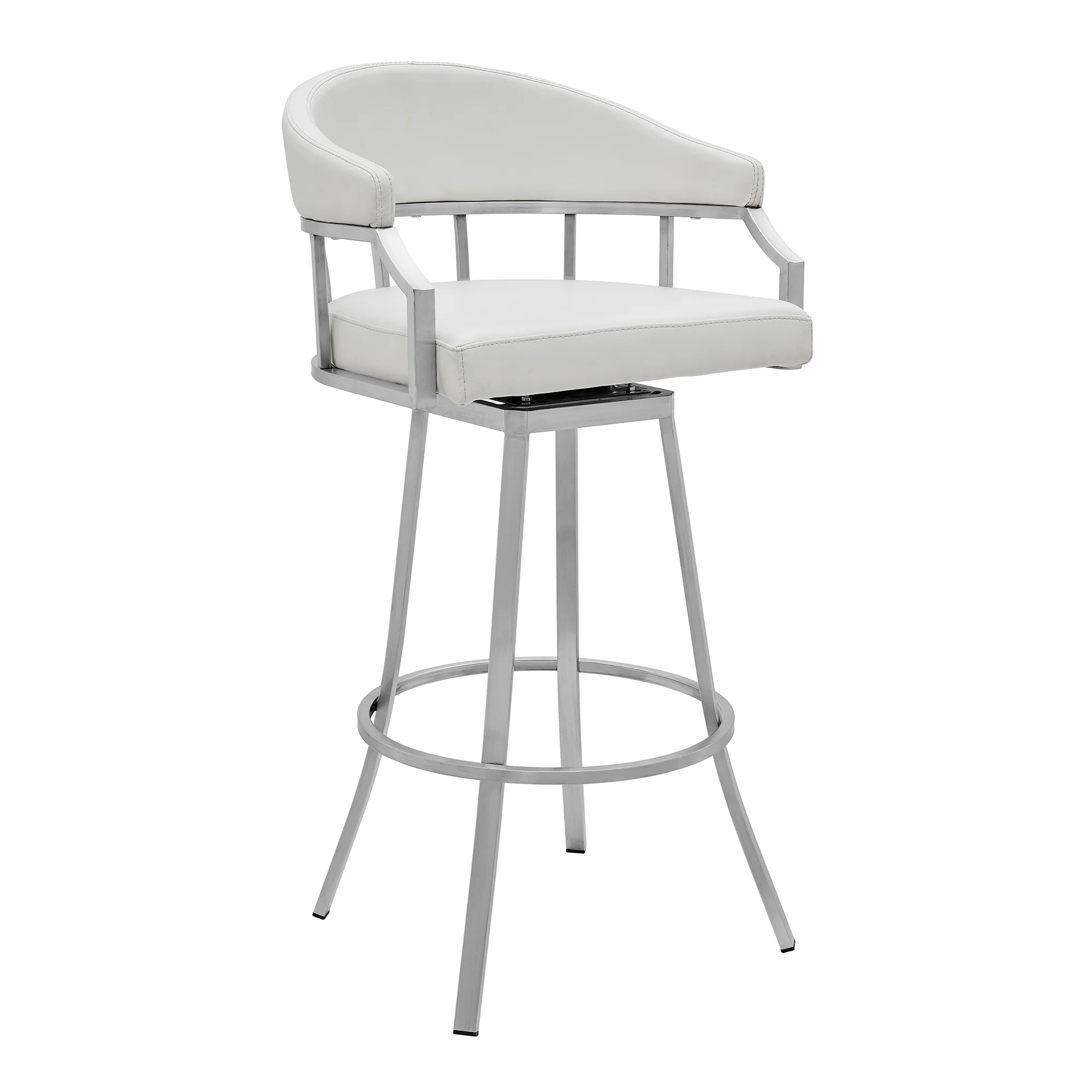 Palmdale Swivel Modern White Faux Leather 30" Barstool in Brushed Stainless Steel Finish By Armen Living - Image 2