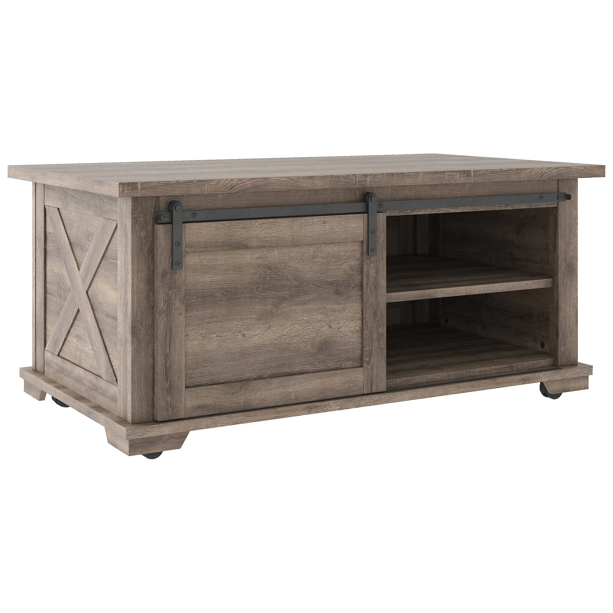 Panel Design Wooden Cocktail Table With Barn Sliding Door And Casters,Brown By Benzara - Image 3
