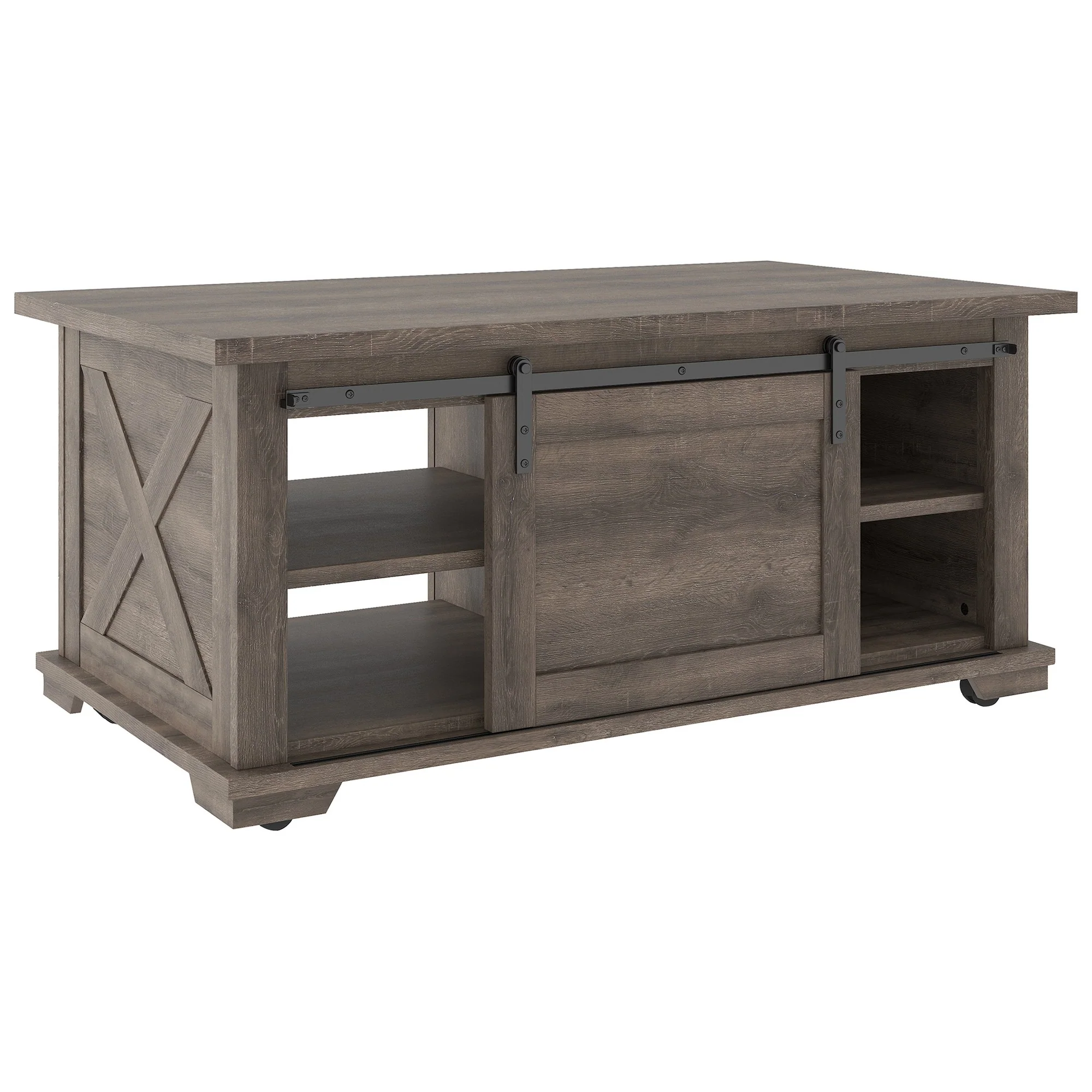 Panel Design Wooden Cocktail Table With Barn Sliding Door And Casters,Brown By Benzara - Image 4